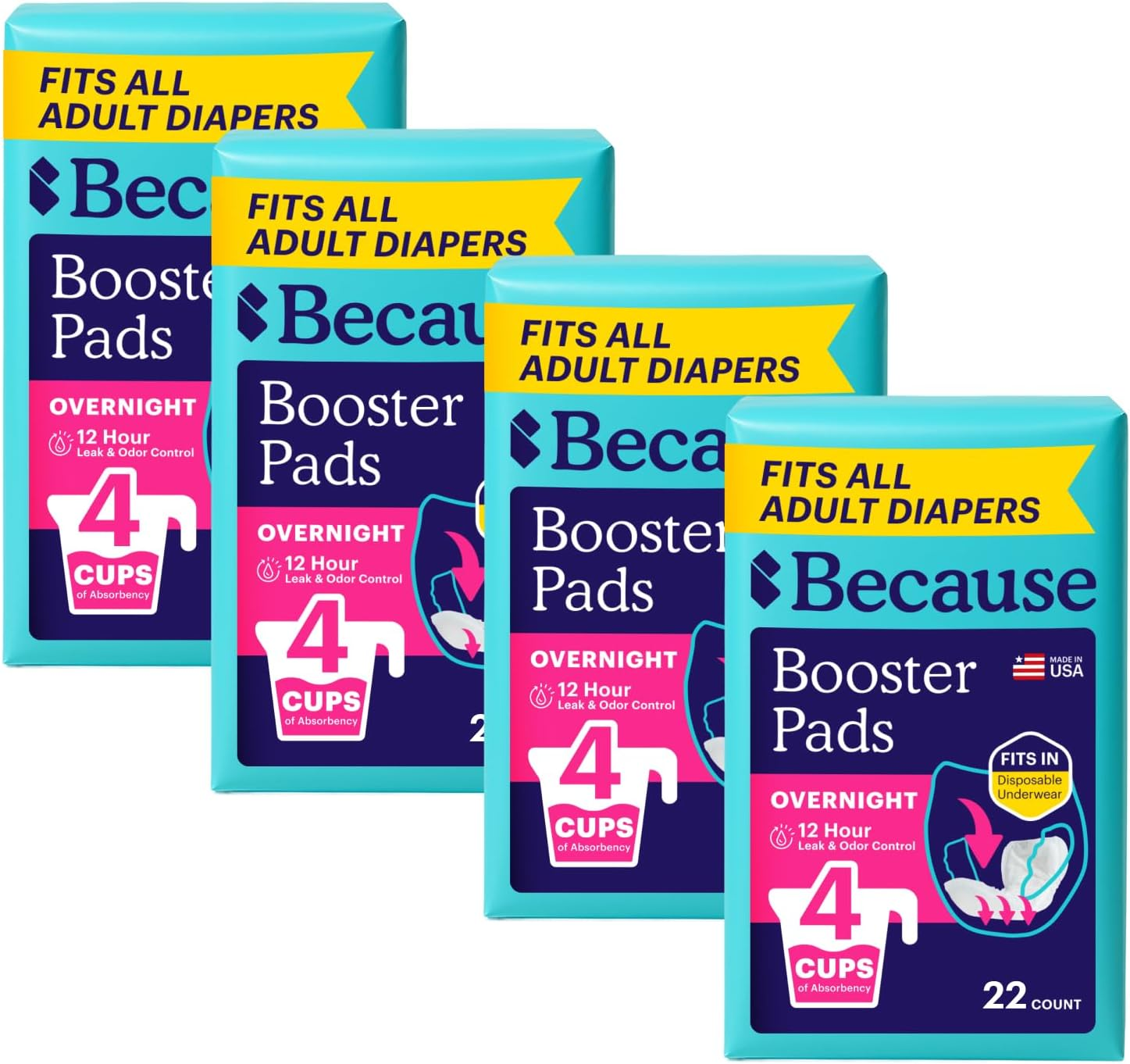Because Overnight Booster Pads Fit All Adult Diapers, Helps Keep Your Adult Diaper Active All Night, Adds 4 Cups to Incontinence Underwear, Extra Absorbency, 88 Count