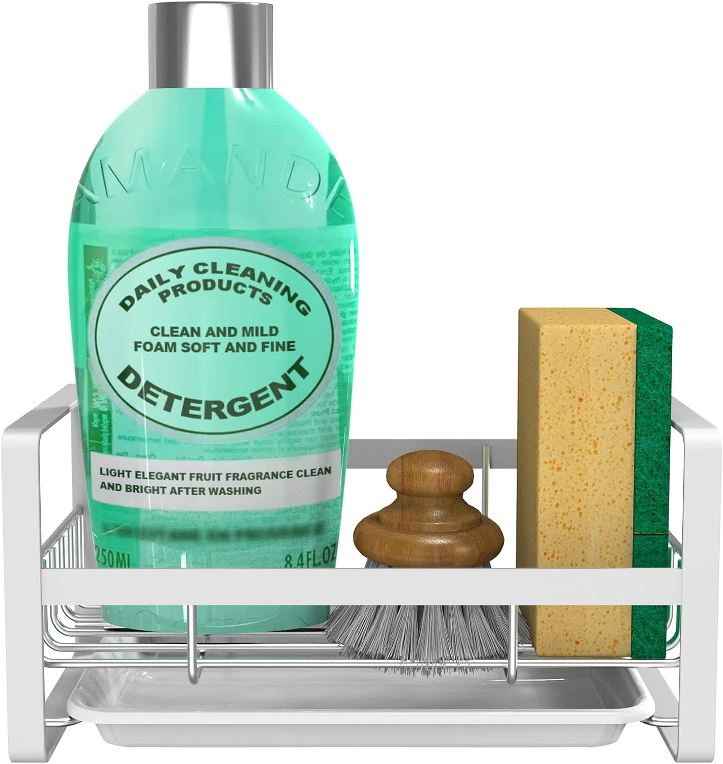Kitchen Sink Caddy - Silver Sink Organizer, Sponge/Soap Dish Dispenser with Brush Holder, Adhesive/Countertop Mount