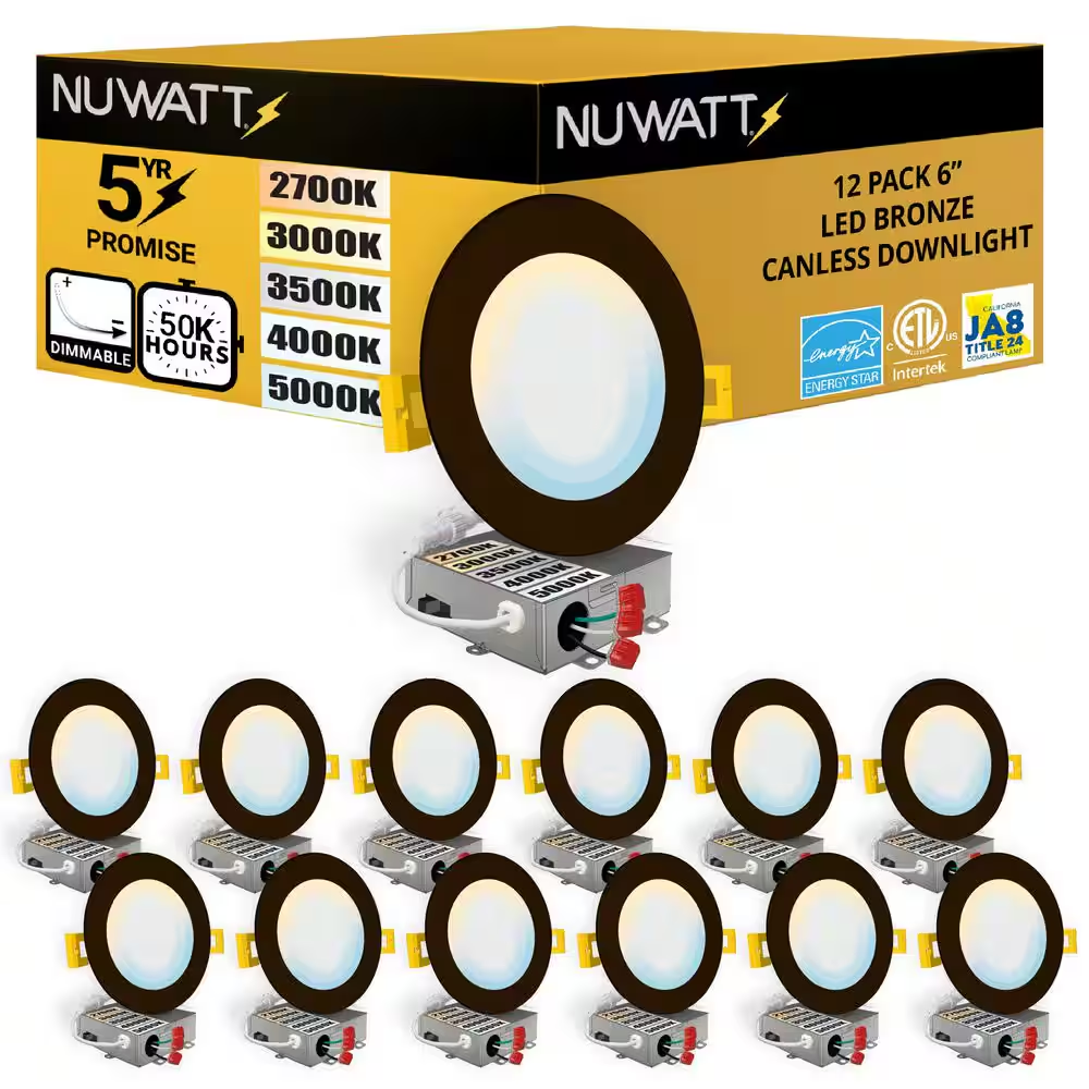 6 In. Bronze round Ultra Slim Canless Integrated LED Recessed Light Kit 5 CCT 2700K-5000K Dimmable IC Rated (12-Pack)
