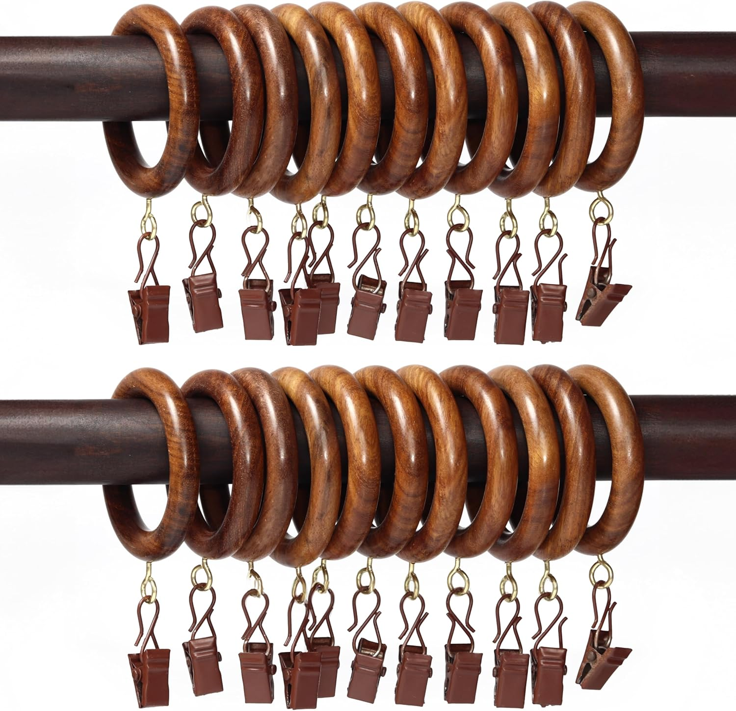 24 Wooden Curtain Rings with Clips for 1-Inch Rod, 2.5-Inch Outer Diameter