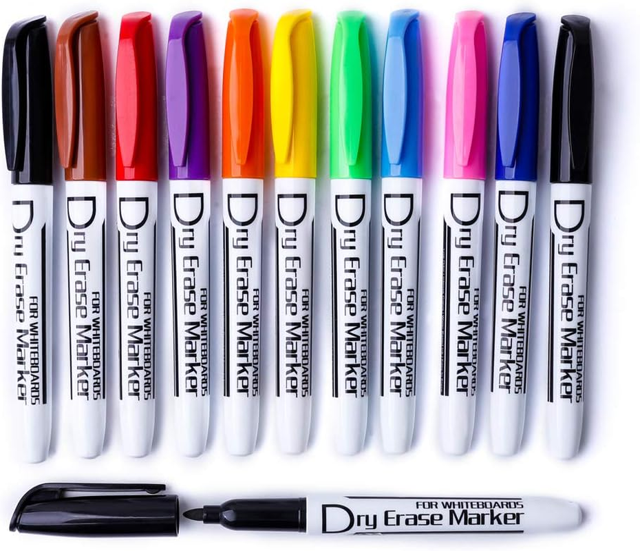 Whiteboard Markers Dry Erase Pens Low Odor Fine Tip thin Box of 12 - 10 Colours