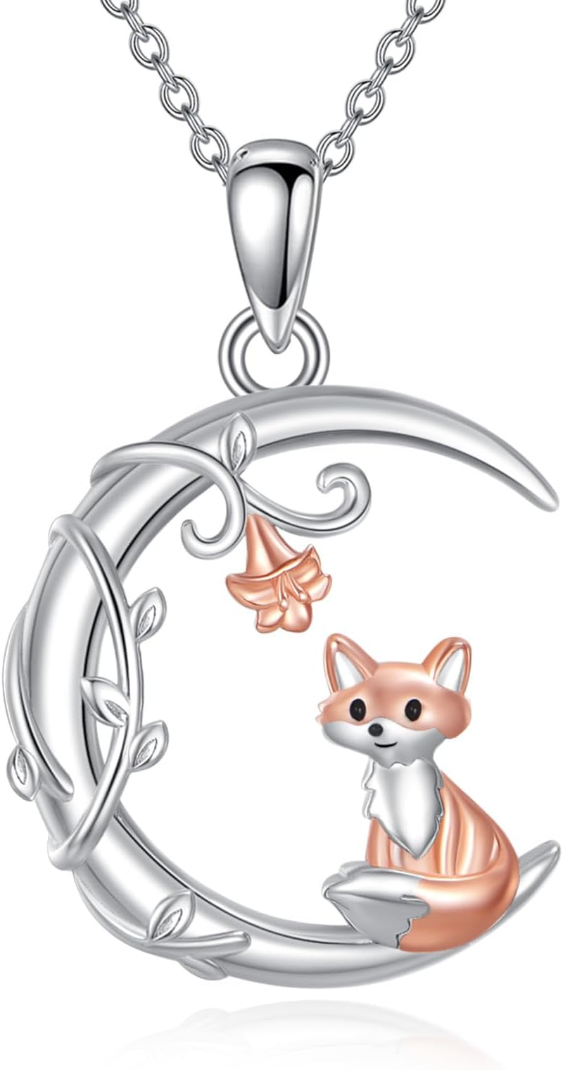 Animal Necklace 925 Sterling Silver Cat/Fox/Bat Moon Pendant Necklace Birthday Christmas Gifts for Women
