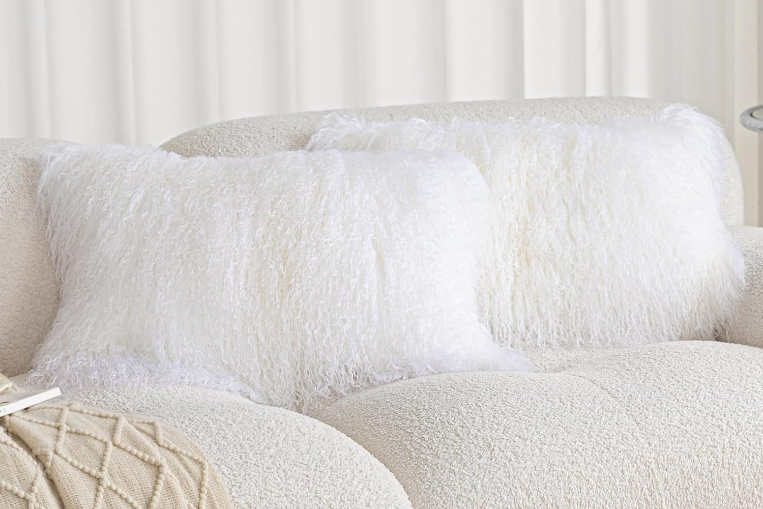 Real 100% Tibetan Mongolian Lamb Sheepskin Wool Fur Throw Pillow Covers Super Soft Plush Leather Accent Pillowcase Decorative Cushion Cover White 12X20 Inch Set of 2