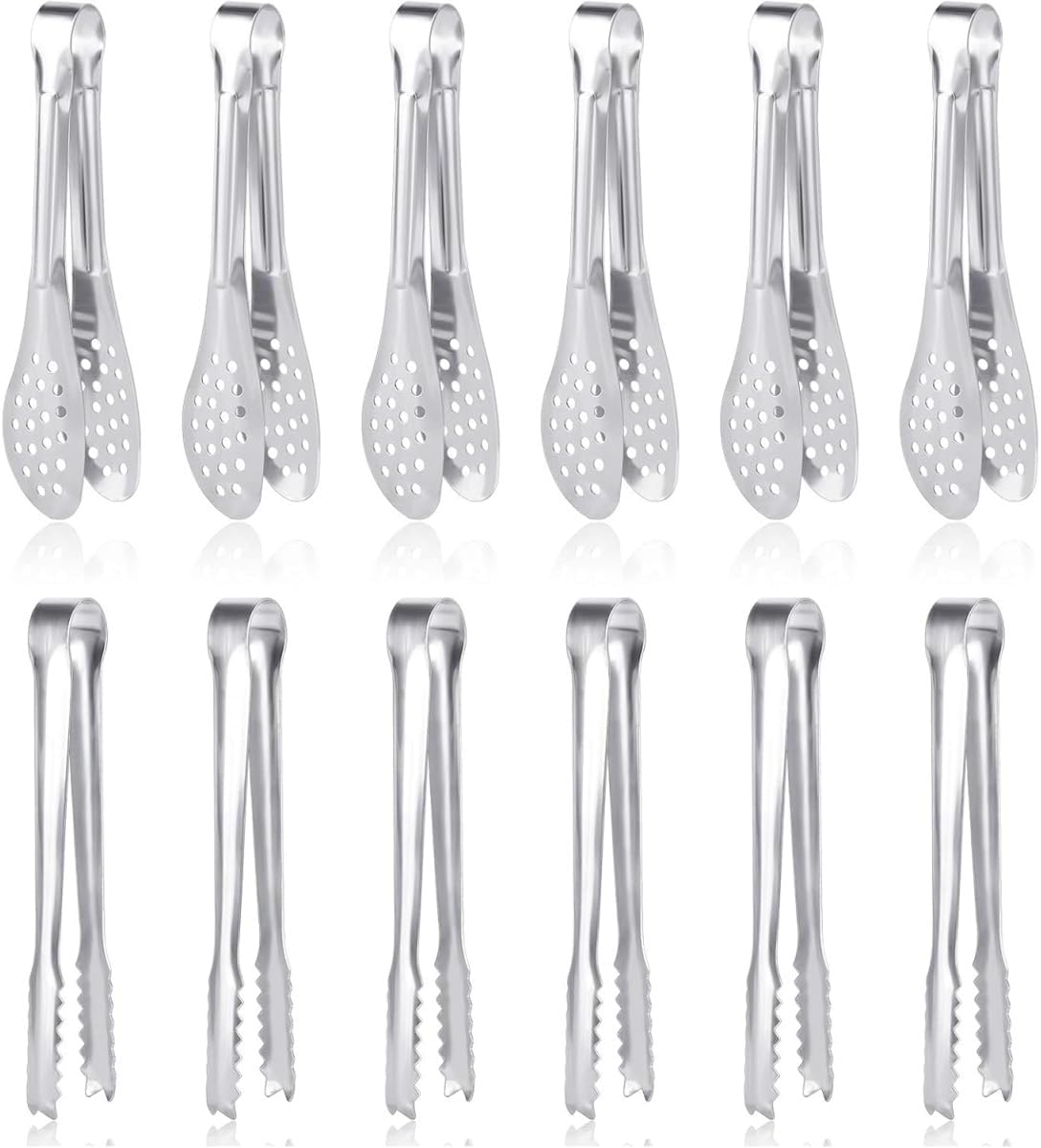 12Pcs Premium Small Serving Tongs, Mini Stainless Steel Appetizer Tongs,Tiny Kitchen Tongs,For Desserts, Appetizers, Ice, Sugar, Desserts, 5 Inch - （Silver）