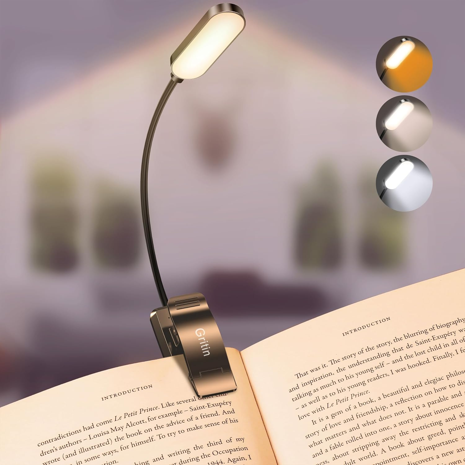 16 LED Rechargeable Book Light for Reading in Bed- Eye Caring 3 Color Temperatures, Stepless Dimming Brightness, 80 Hrs Runtime, Lightweight Flexible Clip on Light for Book Lovers