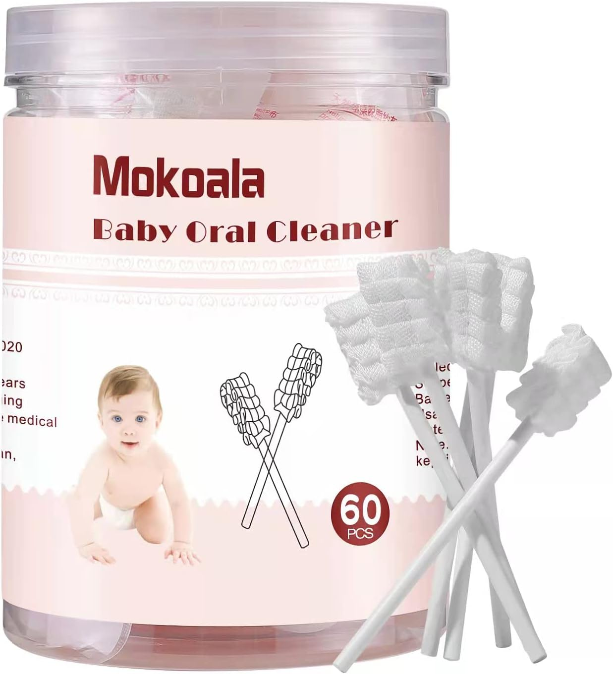 60Pcs Baby Tongue Cleaner, Baby Toothbrush, Disposable Baby Mouth Cleaner, Soft Gauze Toohthbrush Newborn Oral Cleaning Stick Dental Care for 0-36 Month Baby