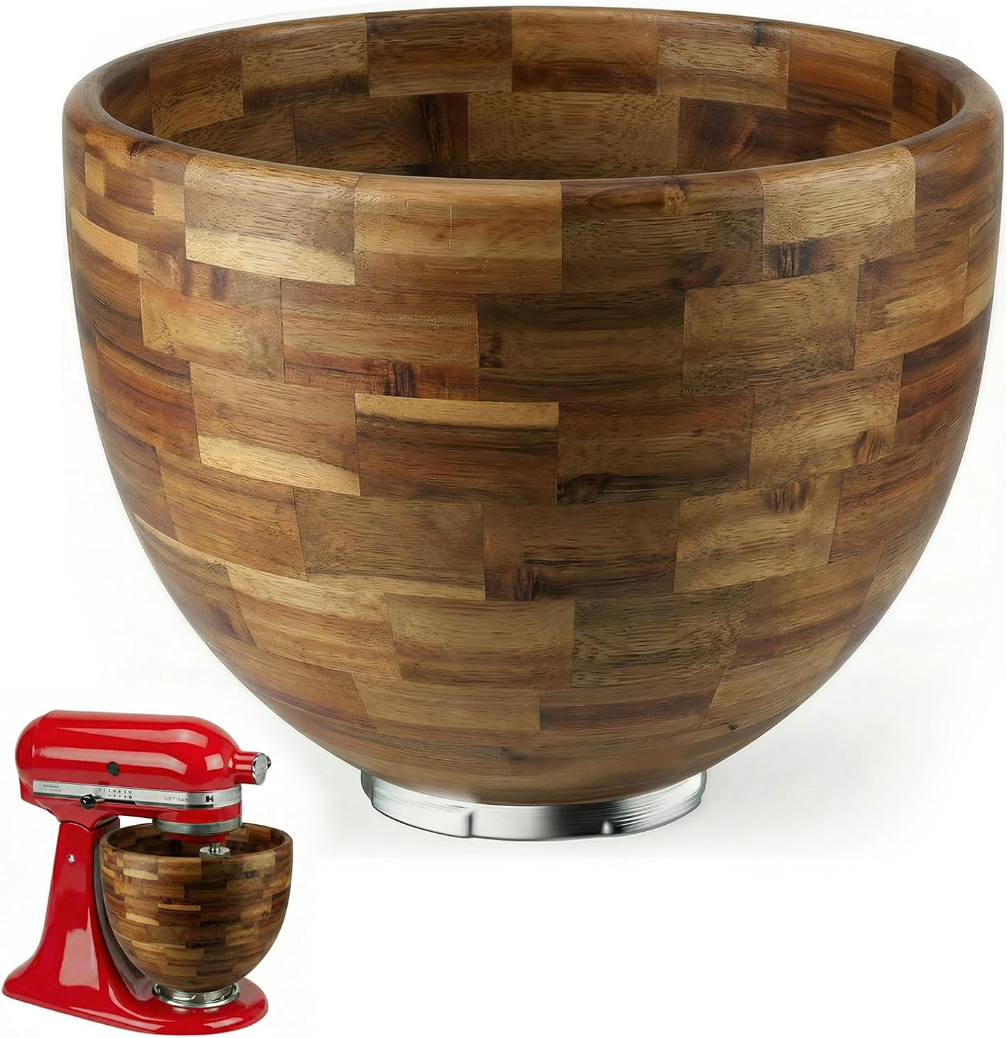 5 Qt Solid Acacia Wood Mixing Bowl Compatible with Kitchenaid Tilt-Head Stand Mixer, Handcrafted Natural Wooden Bowl for 4.5-5 Qt K45SS KSM75 KSM150, Ideal for Bread Dough & Salads