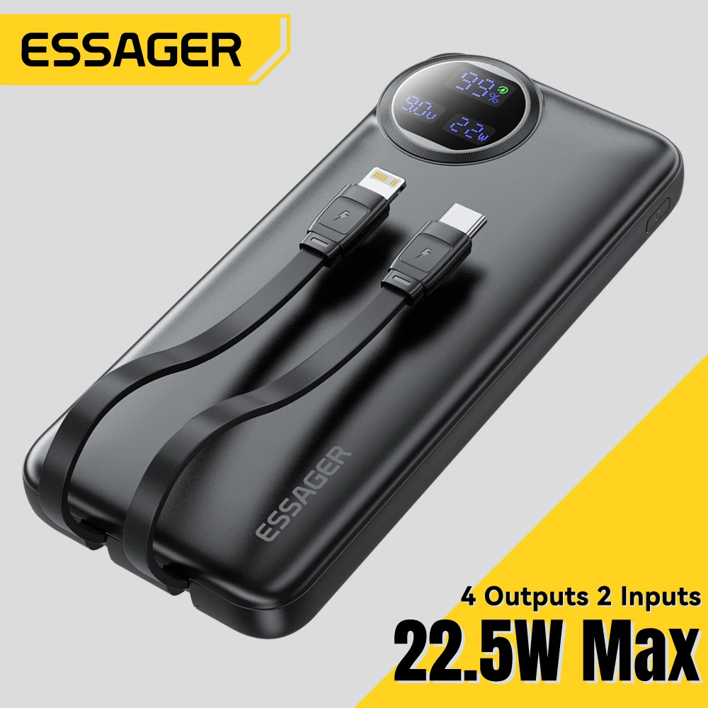 22.5W Power Bank 20000mAh with Two Built-in Cables Portable Charger For iPhone 17 16 15 Pro Charge 4 Devices at Once 