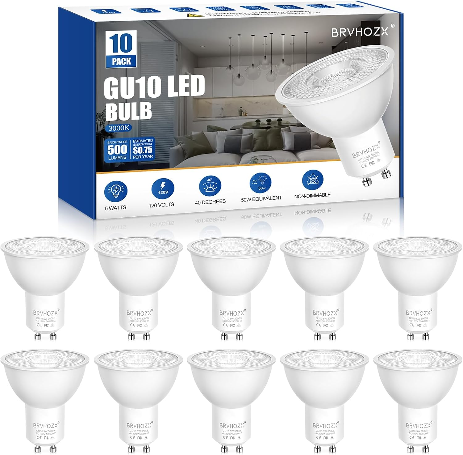 GU10 Led Bulbs, 3000K Warm White, 5W, 500LM Led Spotlight Bulb, Equivalent to 50W Halogen, No Flicker, Non-Dimmable, 40° Beam Angle, 120V, Base GU10 Led Light Bulbs for Home Lighting-10Pcs