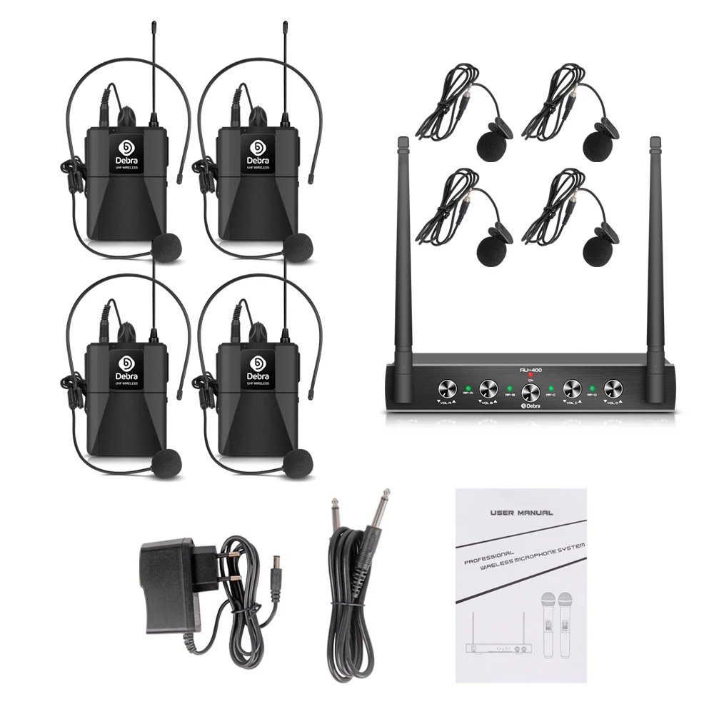 Pro UHF 4 Channels Wireless Microphone System with 4 Bodypack Lavalier Headset Portable Mic for Karaoke Church Party