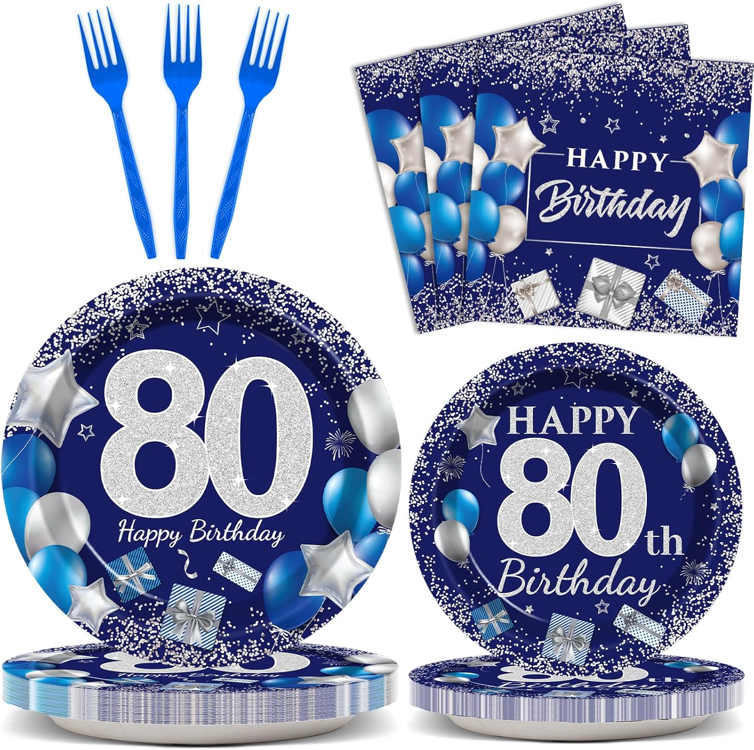 96 Pcs 80Th Birthday Party Supplies Navy Blue and Silver Birthday Plates 80Th 