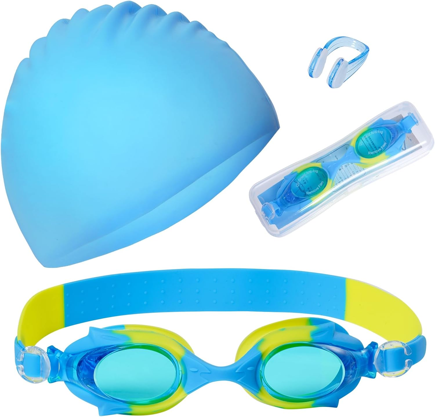 3 Pieces Kids Swim Cap for Boys Girls Silicone Swimming Cap for Short Hair with Swimming Goggles and Nose Clip Unisex Waterproof Bathing Caps for Age 3-15 Children Boys Girls