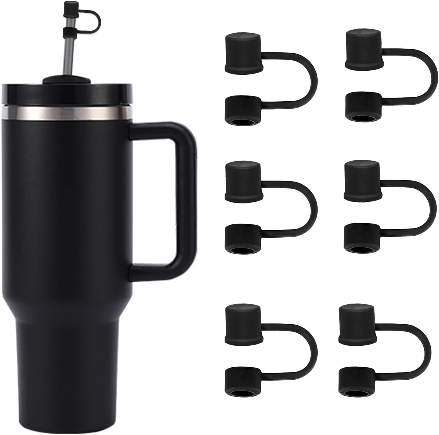 6PCS Silicone Straw Covers Cap Compatible with Stanley Cup 30-40 oz Tumbler with Handle 10mm Straw Toppers，Dust-Proof Reusable Straw Cover for Stanley Cup Accessories (Black)