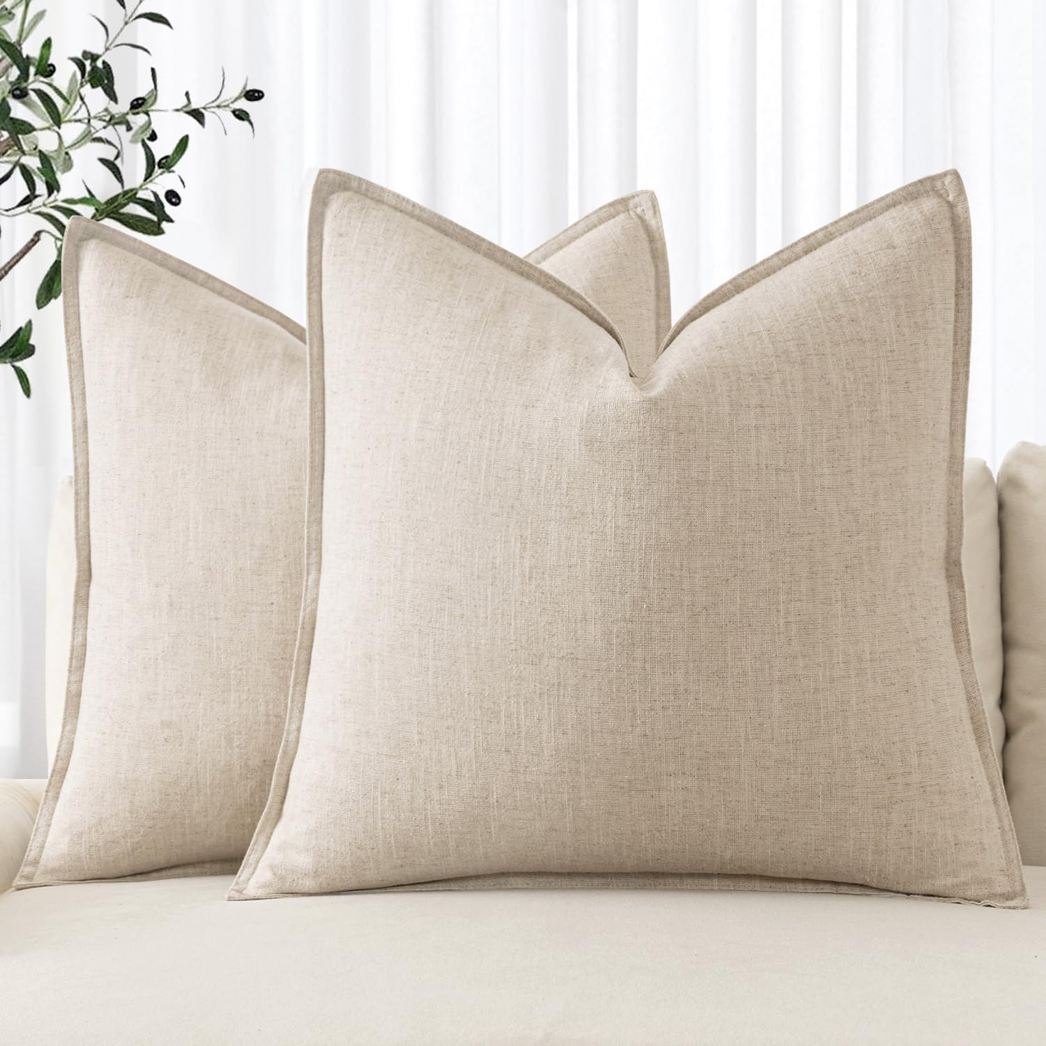 Linen Pillow Covers 24X24 Inch Natural Beige Boho Farmhouse Neutral Couch Throw Pillows for Bed Pack of 2 Accent Pillowcase Spring Modern Sofa Cushion Livingroom Home Decor