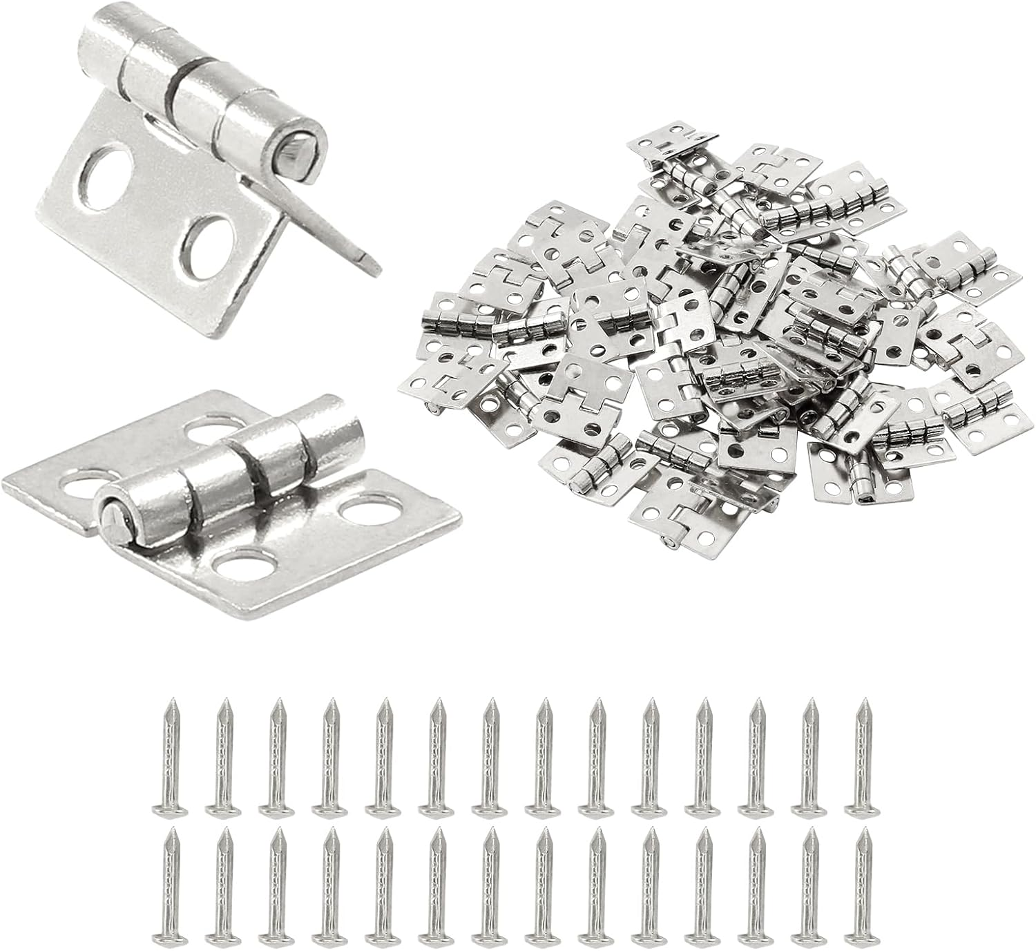 Murtenze 50PCS Silver Mini Brass Hinges for Decoration, 10 X 8Mm Tiny Hinges with Mounting Nails 180 Degree Miniature Furniture Hardware for DIY Crafts Wooden Jewelry Box