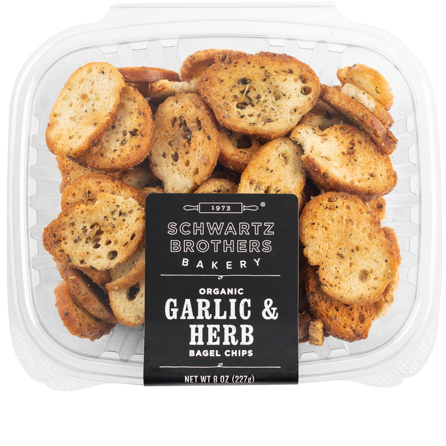Garlic & Herb Bagel Chips NY Style Bagel Crisps. Organic, Vegan, Kosher. from the Artisans of . Baked Fresh. Twice Baked. 8 Ounce Container. Great Snack. Delicious. Pack of 2.