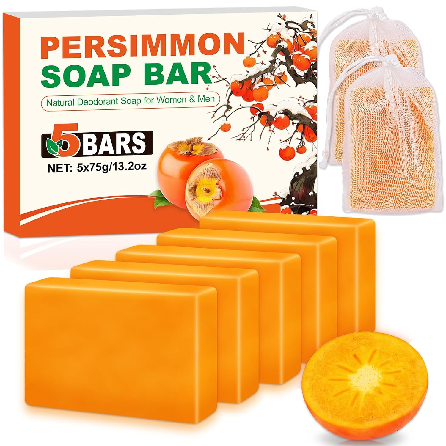 5 Pack Persimmon Soap Bar Body Odor Control Natural Deodorant for Men & Women