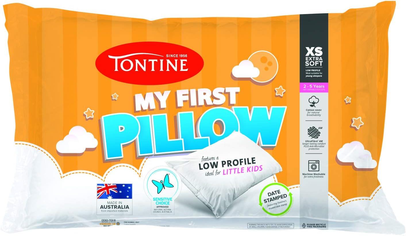 Tontine My First Pillow for Kids – Extra Soft and Low Profile Design Ideal for Cot-To-Bed Transition – Anti-Microbial Polyester Fill with Star Print Cotton Cover – Machine Washable – Australian Made