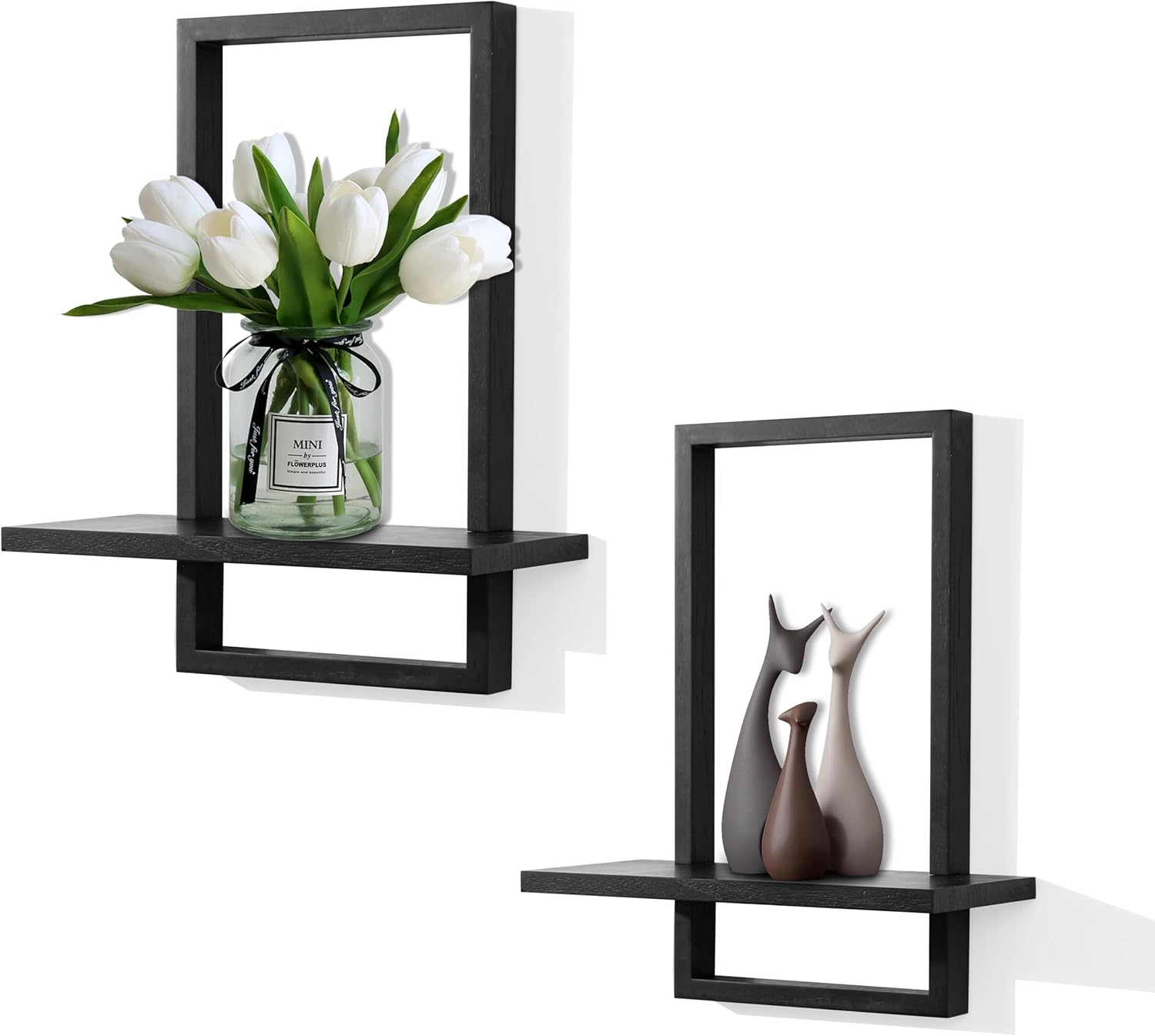 Square Floating Shelves,Wall Plants Holder,Bathroom Wall Decor,Framed Decorative Shelf Black,Modern Chic Set of 2 for Living Room Bedroom Home Office,Soild Wood,L+S