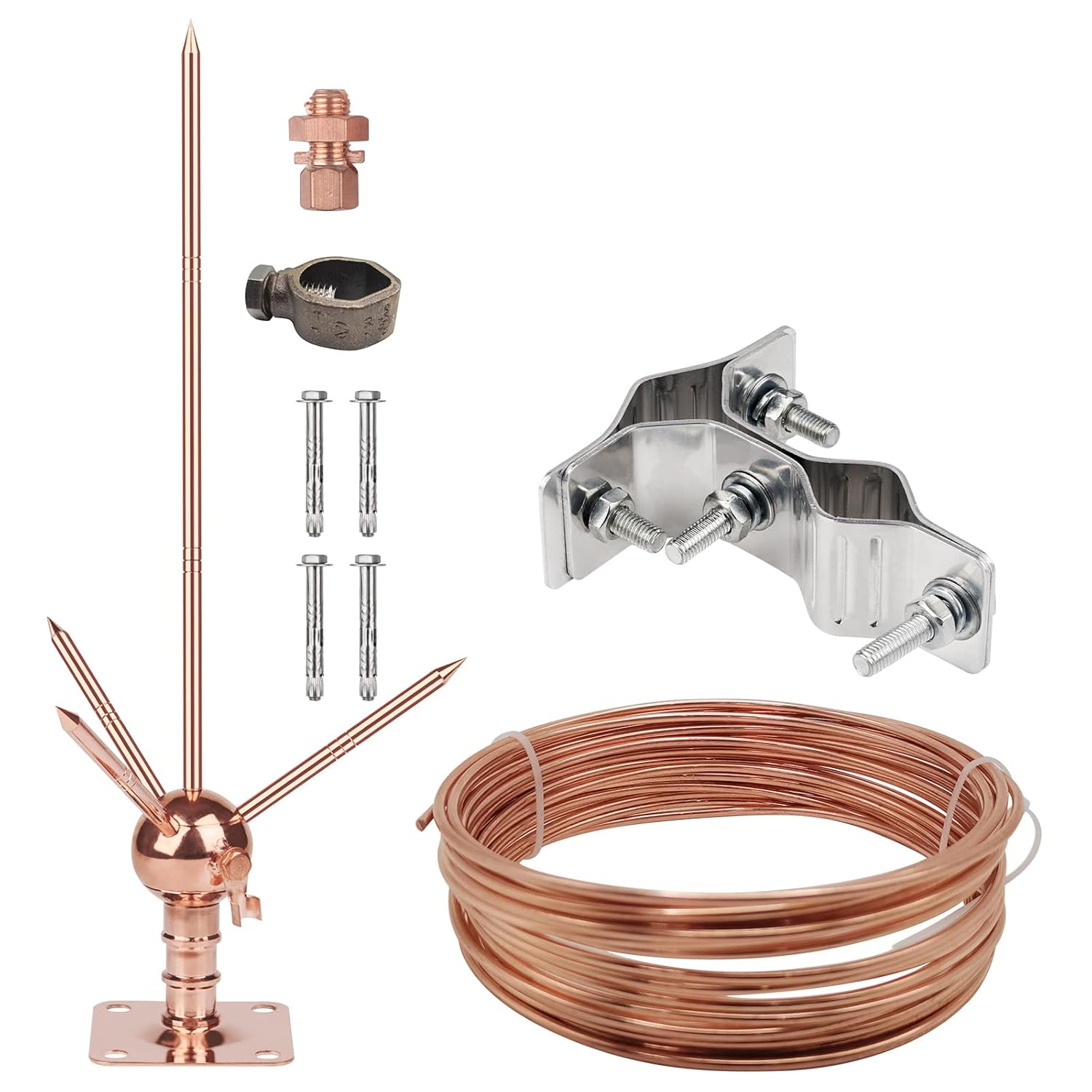 Lightning Rodcopper Brass Lightning Rod Kit System with 60 Feet 6 AWG down C...
