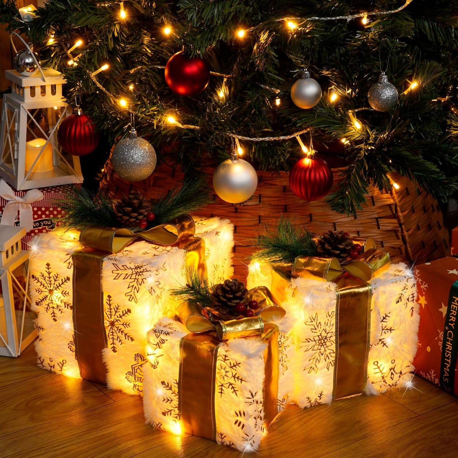 Set of 3 Christmas Lighted Gift Boxes, 60 LED Light up Present Boxes for Christmas Decorations Indoor Xmas Tree Holiday Party Porch Home Decor (Gold Bow)