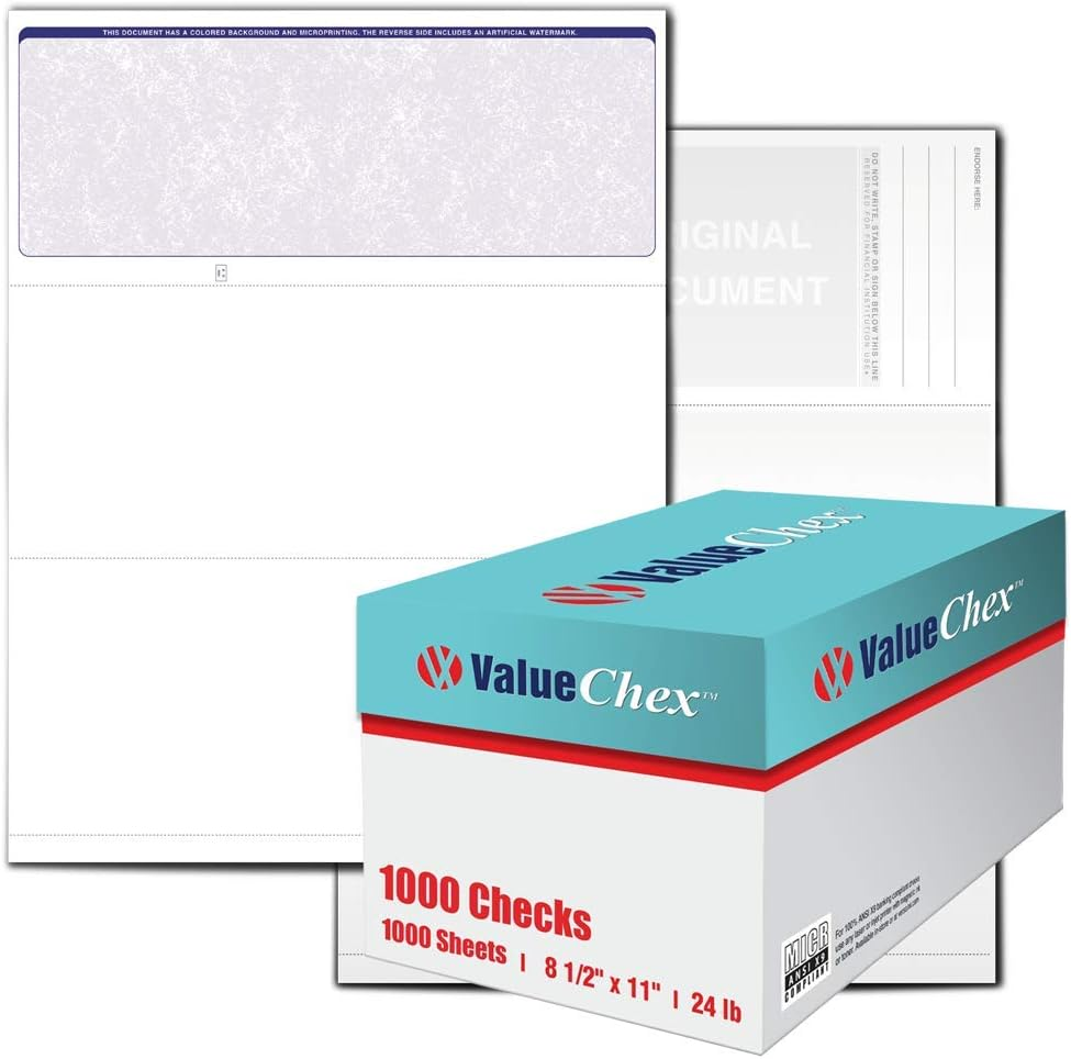 ValueChex - 1000 Blank Business Voucher Checks - Blue Classic - 1000 Sheets Form #1000 - Check on Top