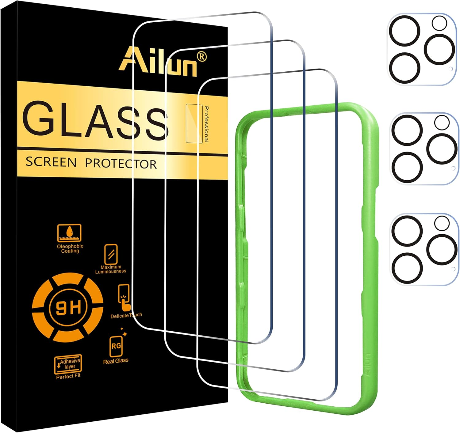 Ailun 3 Pack Screen Protector for Iphone 16 Pro [6.3 Inch] + 3 Pack Camera Lens Protector with Installation Frame,Case Friendly Tempered Glass Film,[9H Hardness] - HD [6 Pack]
