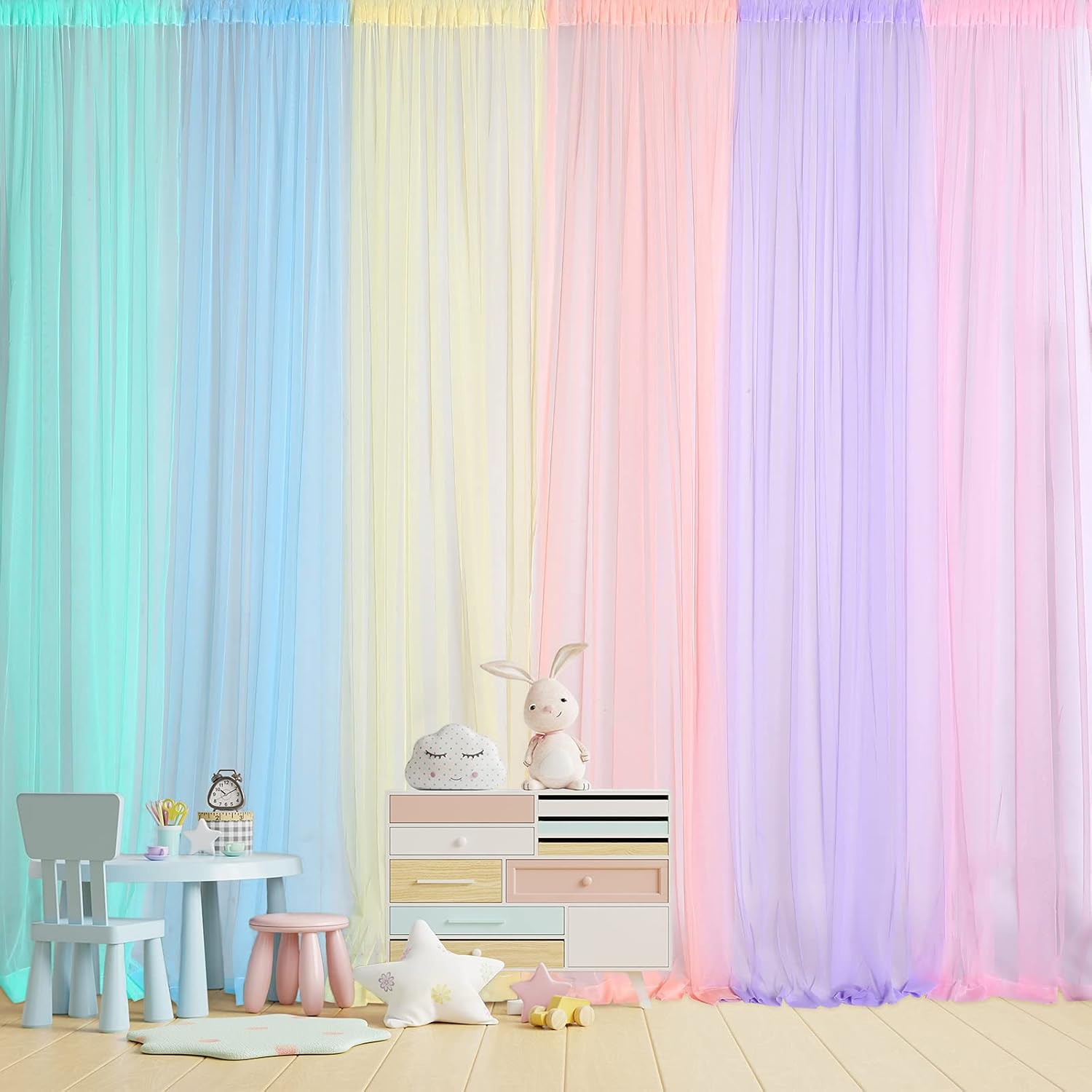 Pastel Rainbow Tulle Backdrop Curtains 6 Panels Sheer Party Photo Background