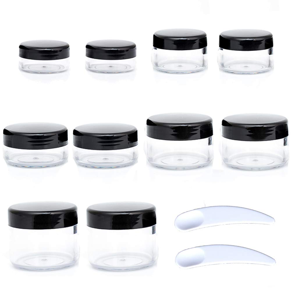 10Pcs Small Travel Containers, Black Sample Jars with Screw Lids, 5 Size 3/5/10/15/20 Gram, 12Pcs Labels and 2Pcs Mini Disposable Spatula, Makeup Sample Containers BPA Free