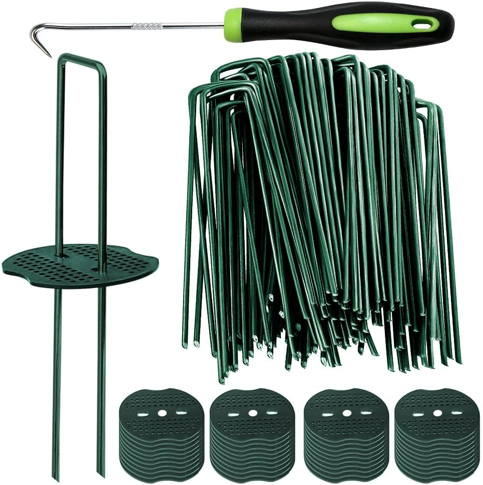 50Pcs Green Artificial Turf Stakes Staples + 50Pcs Buffer Washer, 6 Inch 11 Gauge Landscape Staples, Galvanized Lawn Spikes, Heavy Duty Yard Ground Pin for Grass Weed Barrier Sod Fabric