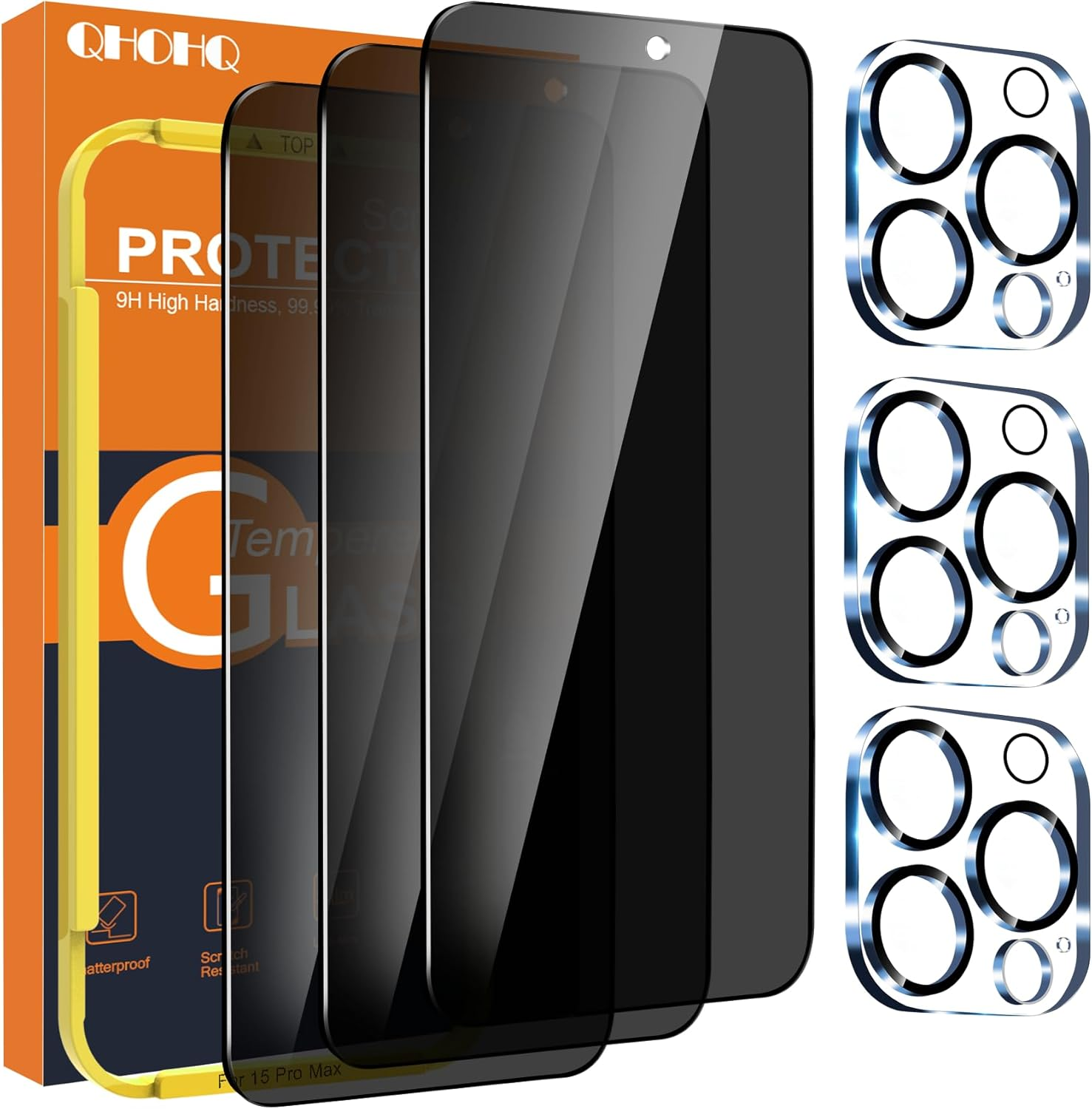 3 Pack Privacy Screen Protector for Iphone 15 Pro Max [6.7 Inch] with 3 Pack Camera Lens Protector, anti Spy Tempered Glass Film, 9H Hardness, HD, Bubble Free, Case Friendly - Black