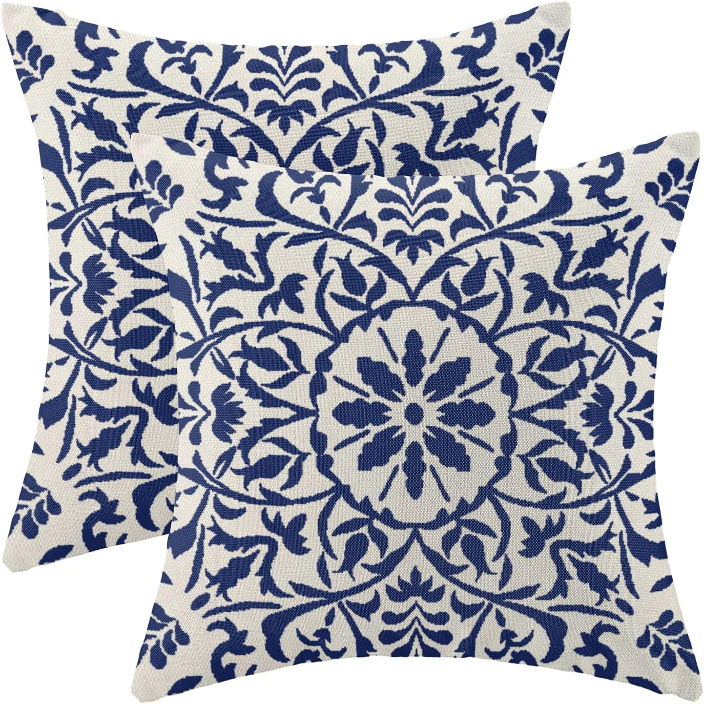 Navy Blue Boho Pillow Covers 16X16 Set of 2, Bohemian Ethnic Carpet Pattern Design Decorative Outdoor Throw Pillows Linen Blue Print Farmhouse Cushion Pillow Covers for Sofa Couch Outdoor Decor