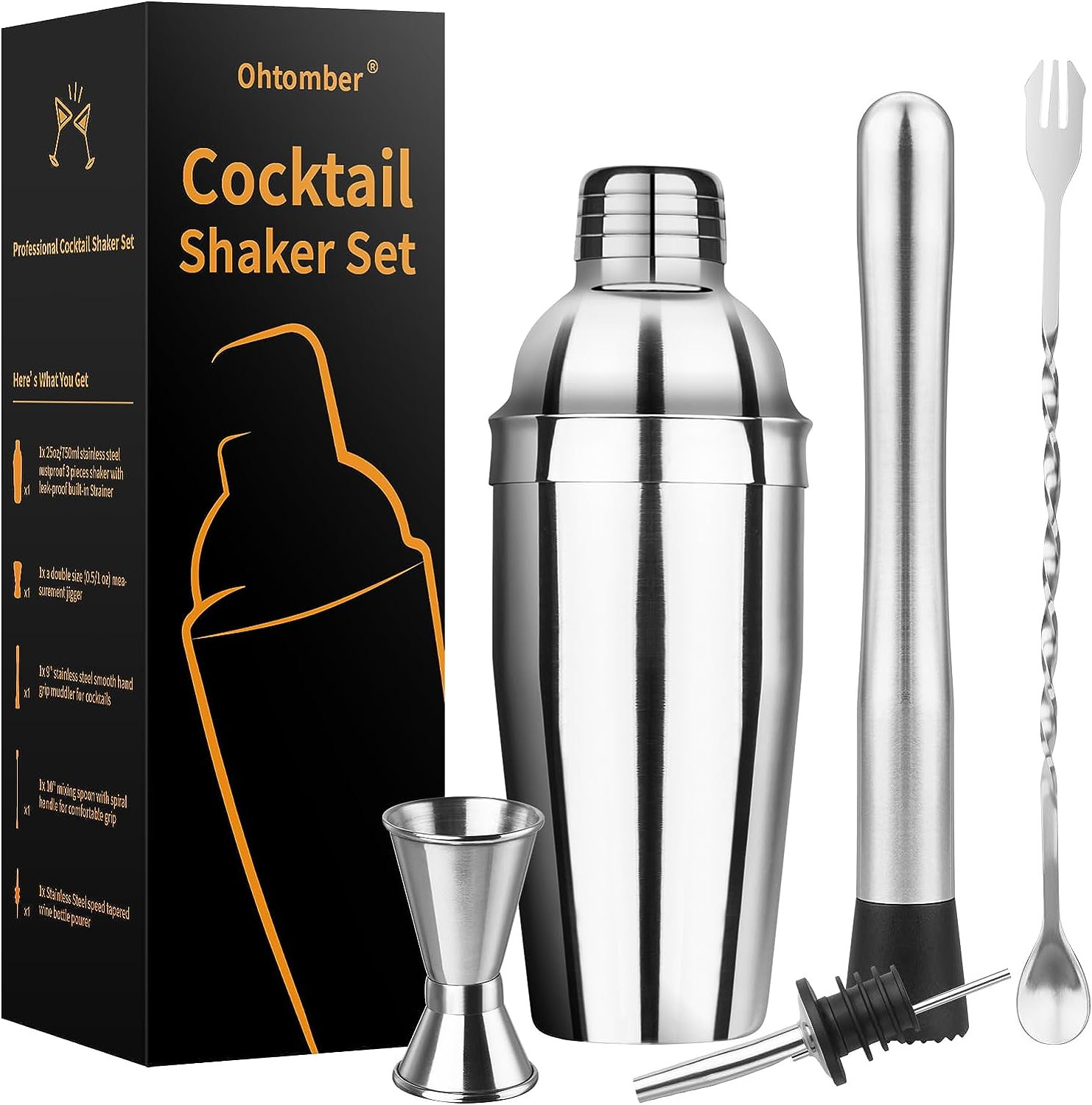 Ohtomber Cocktail Shaker Bartender Kit - 5PCS Cocktail Martini Shaker with Strainer, Muddler, Bar Spoon, Measuring Jigger for Bartending and Liquor Bottle Pourers, Drink Mixer Bar Tools