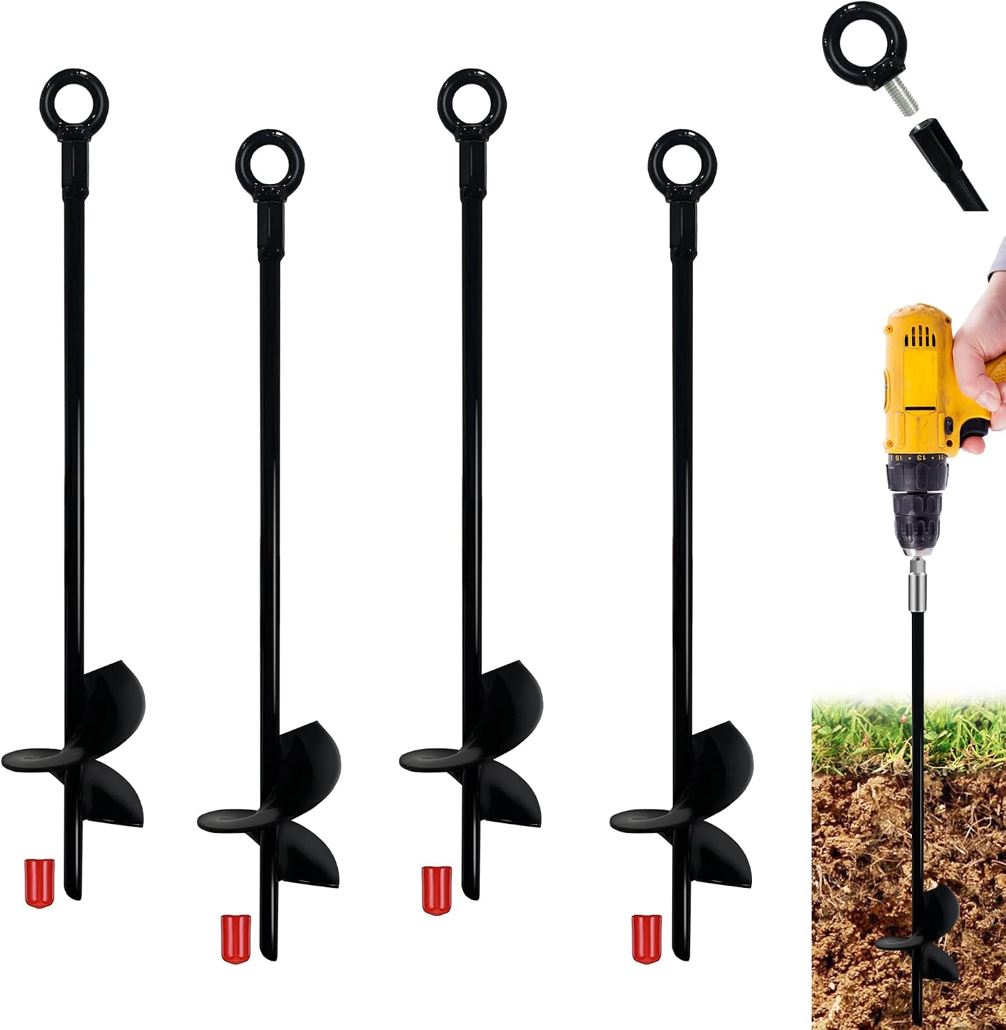 Ground Anchors, Tent Stakes Heavy Duty, Trampoline Anchor Kit, Triple Propeller,Heavy Duty Anchor Hook for Canopies, Car Ports, Sheds, Swing Sets, Easy to Use, 4Pcs 15” Black