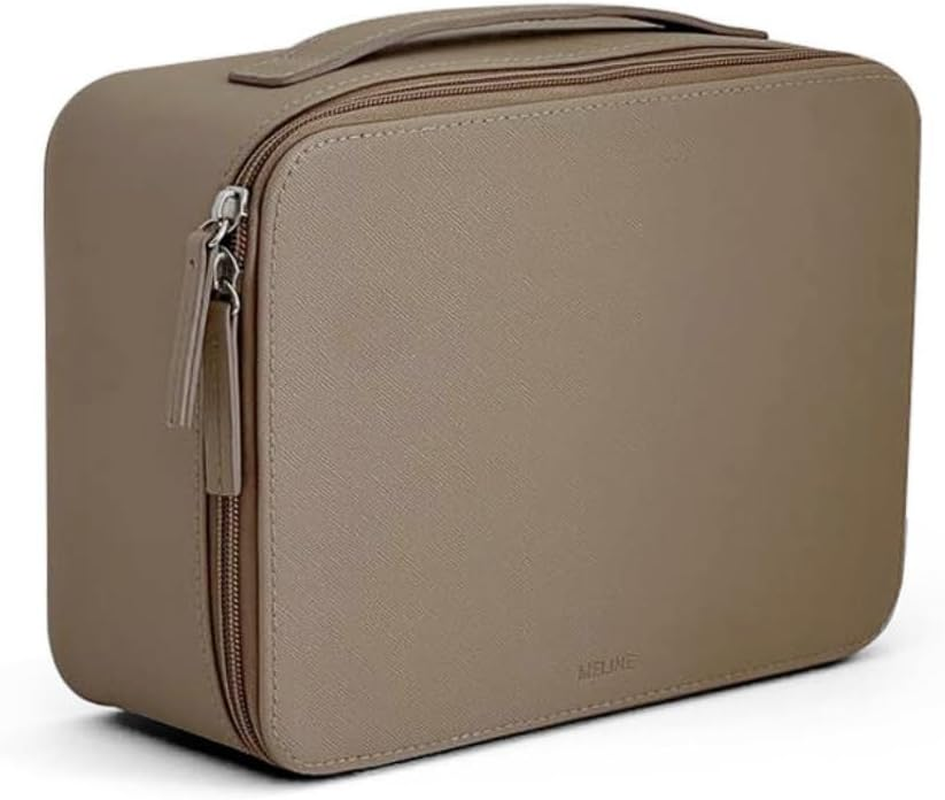 Leather Makeup Bag with Brush Holder,Travel Cosmetic Case for Women,Large Capacity Waterproof Toiletry Bag with Handle,Stylish and Durable Makeup Organizer (Taupe)