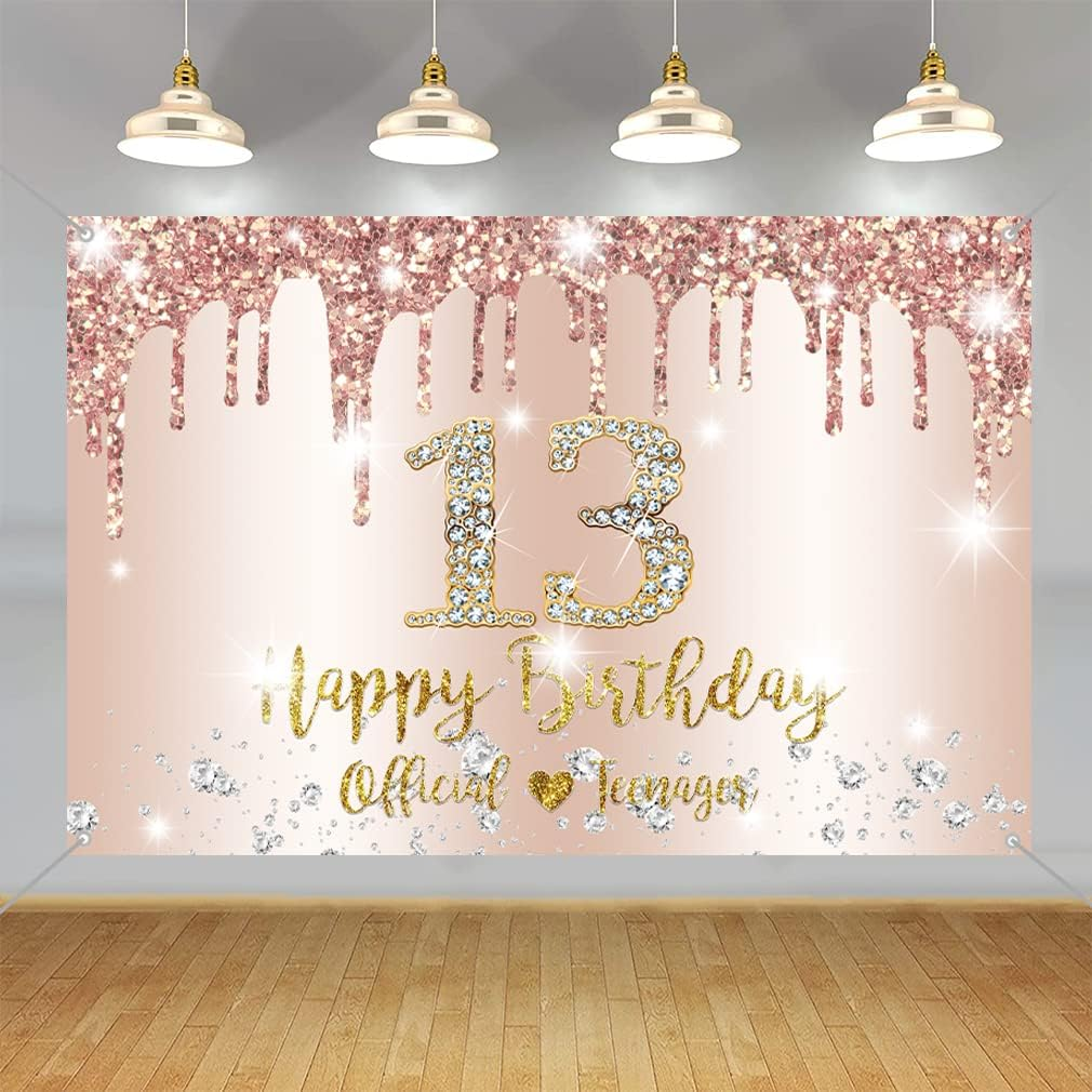 13Th Birthday Decorations for Girls Happy 13Th Birthday Backdrop Banner Party Deco Girl 13 Years Old Sign Poster Rosegold Official Teenager Background Party Supplies, 59