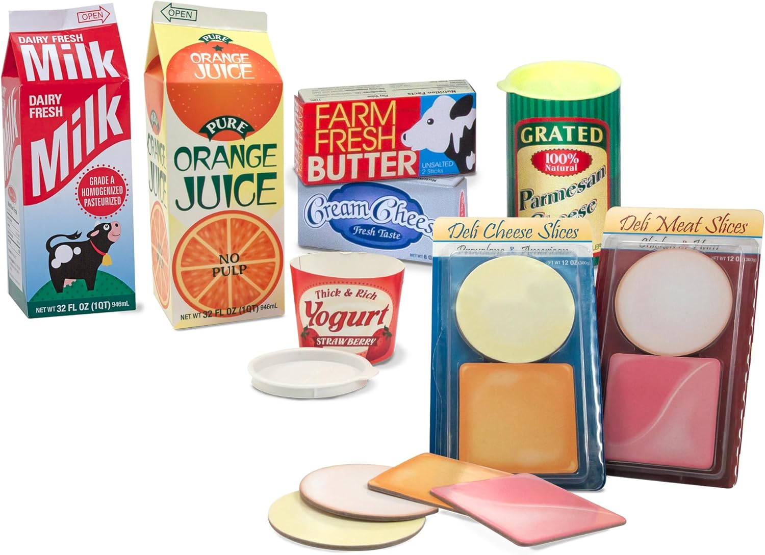 Fridge Fillers Grocery Play Food Cartons (8 Pieces) Wooden Toy Groceries, Pretend Play Food, Kitchen Accessories for Kids Ages 3+ - FSC Certified