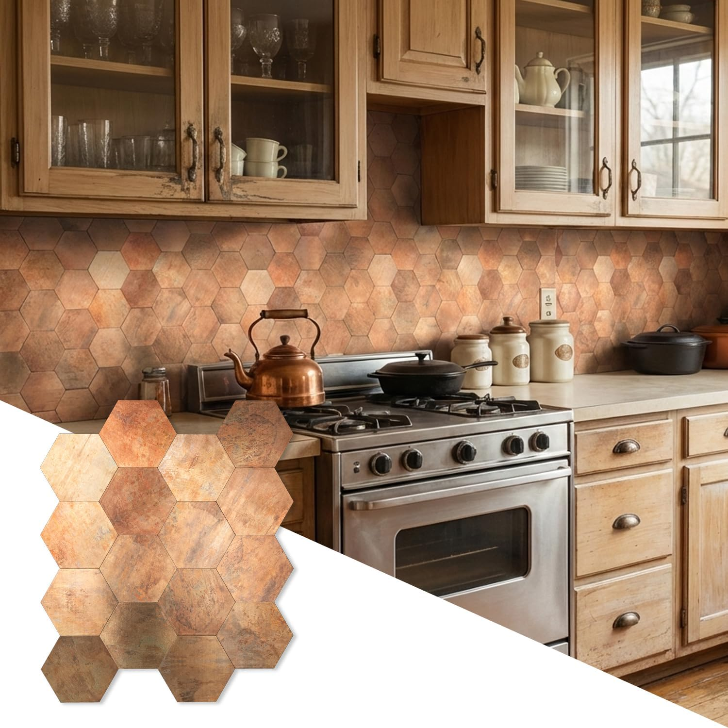 10 PCS Hexagon Peel and Stick Backsplash PVC Copper Wall Tiles,Stick on Backsplash Tile for Kitchen Bathroom, Laundry Room, Camper, Fireplace (11.8" X 10.24")