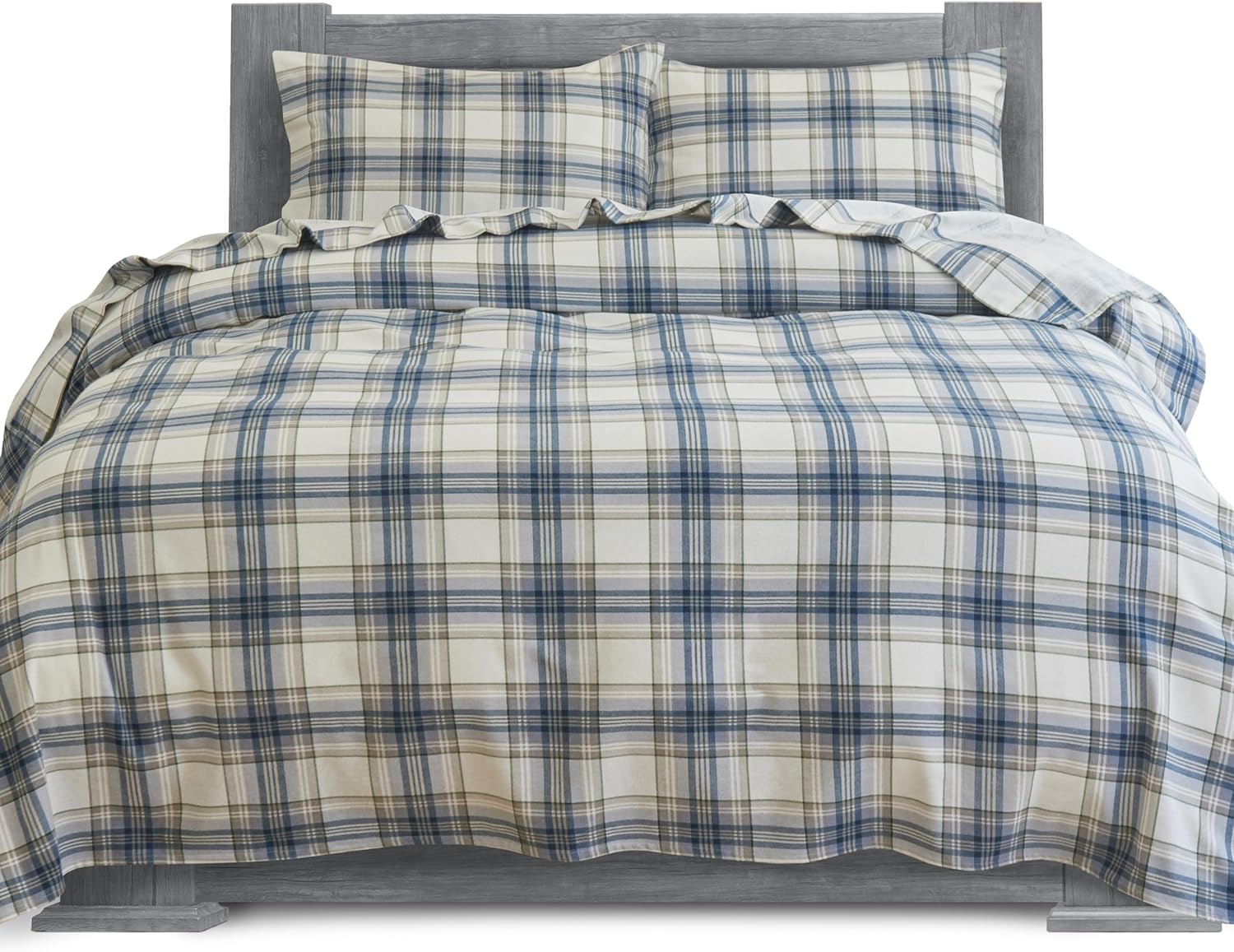 Elegant Comfort Soft 4-Piece 100% Turkish Cotton Flannel Sheet Set - Premium Quality, Deep Pocket Fitted Sheet, Ultra Soft, Cozy Warm Flannel Sheets - Cali King, Plaid-Navy/Aqua