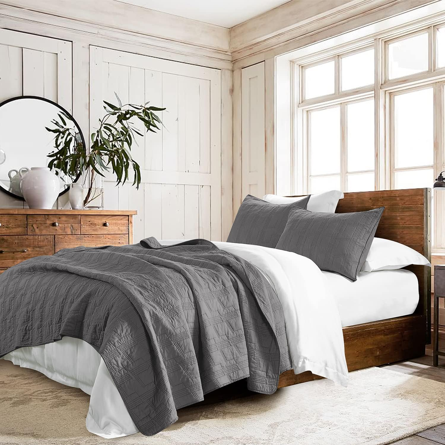 100% Cotton Quilt Set King Size, Dark Grey Pre-Washed 3-Piece Bedspread Coverlet Set, Cozy Lightweight Stitching Bedding Cover with 2 Shams in Geometric Pattern for All Season
