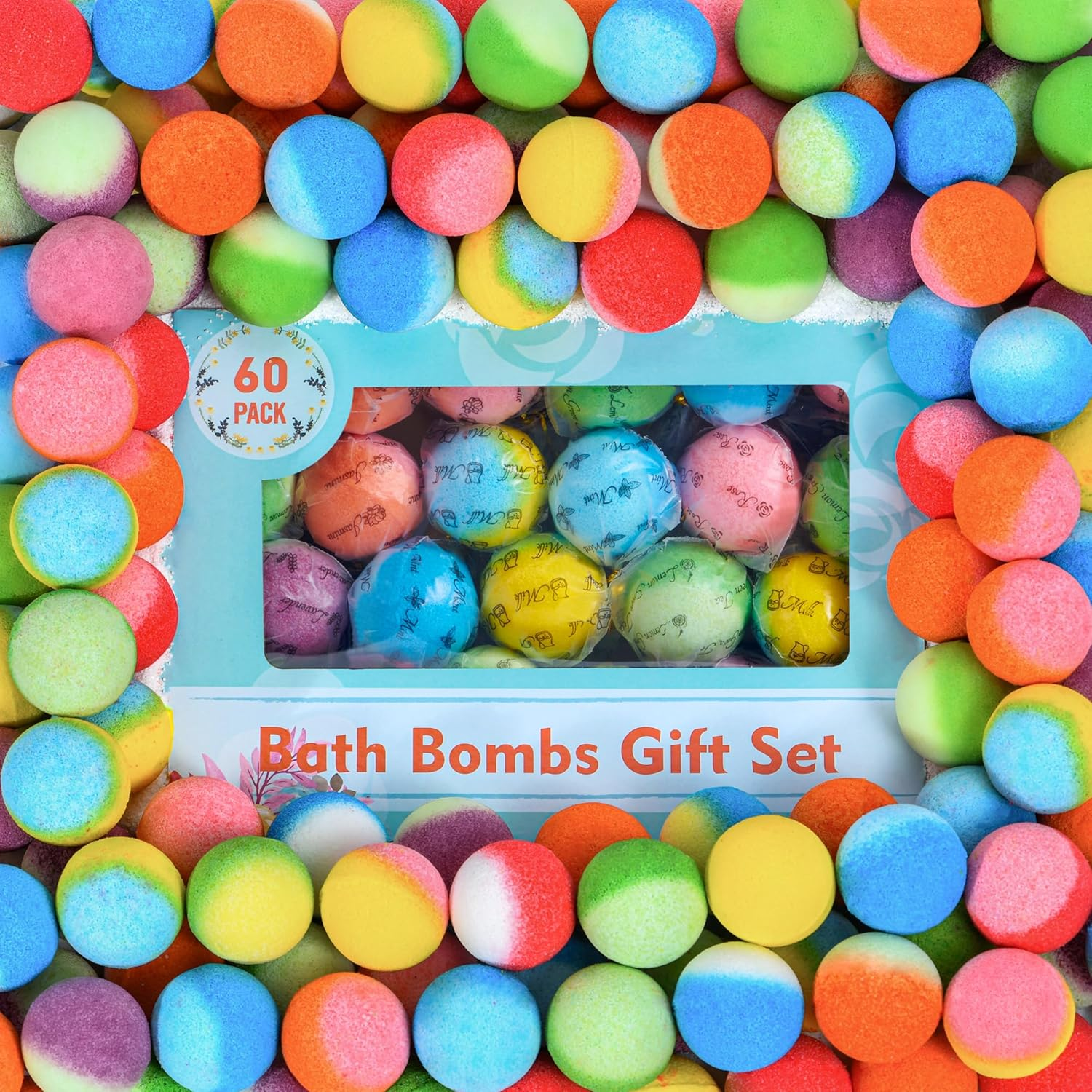 60 Pcs Bath Bombs Set - Massive Quantity Natural Bath Bombs for Kids/Women/Men Individually Wrapped Handmade Organic Bath Supplies Relaxing Kit - for Birthday, Christmas, Mother'S Day
