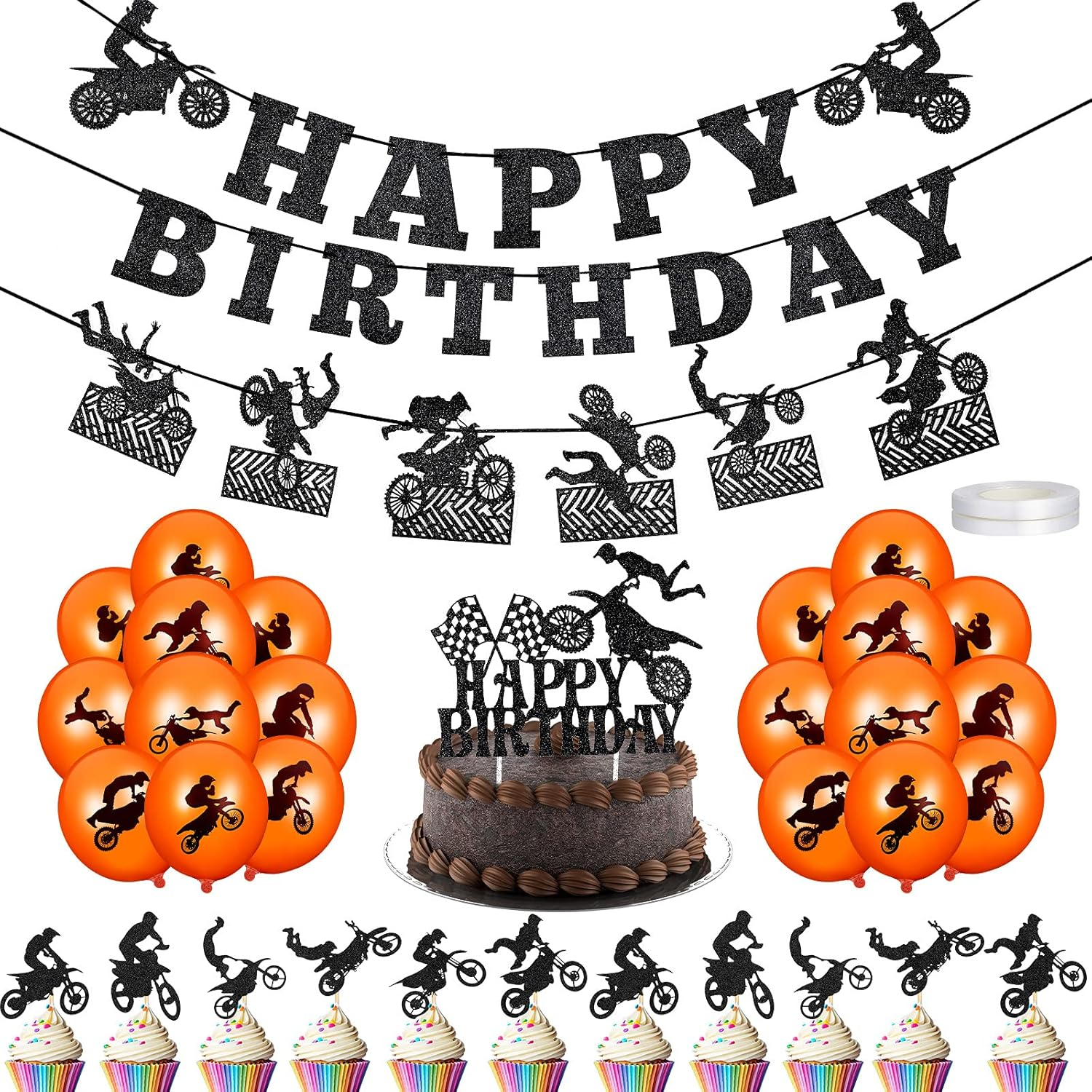 Chalyna 84 Pieces Motorcycle Party Decorations, Dirt Bike Supplies - Banner, Cupcake Topper, Latex Balloons for Motocross Sports Themed Birthday Decor