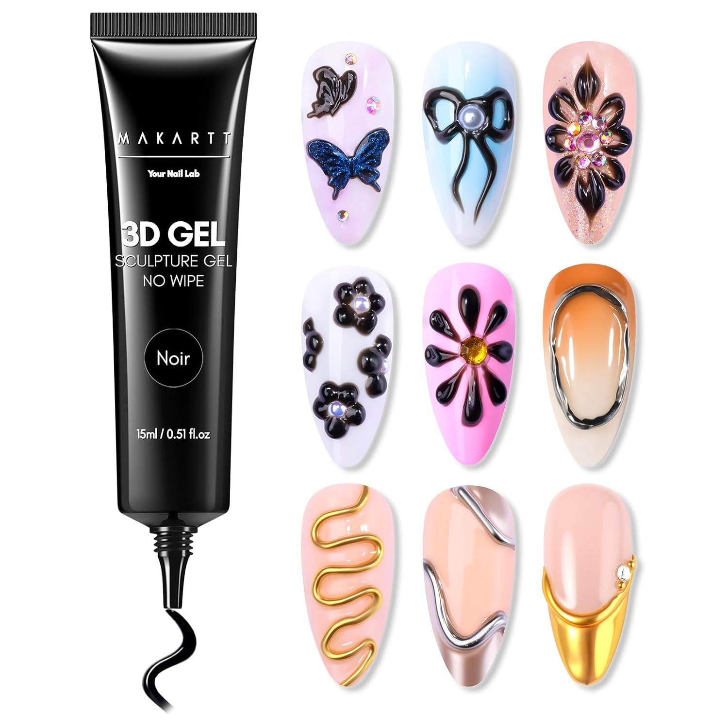 3D Gel Nail Art: 15G Sculpting Gel Nail Art Glue for Craving Black Candy Molding Gel No Wipe Embossed Gel Polish Rhinestone Nails Charm Glue Decoration Manicure Designs (Noir)