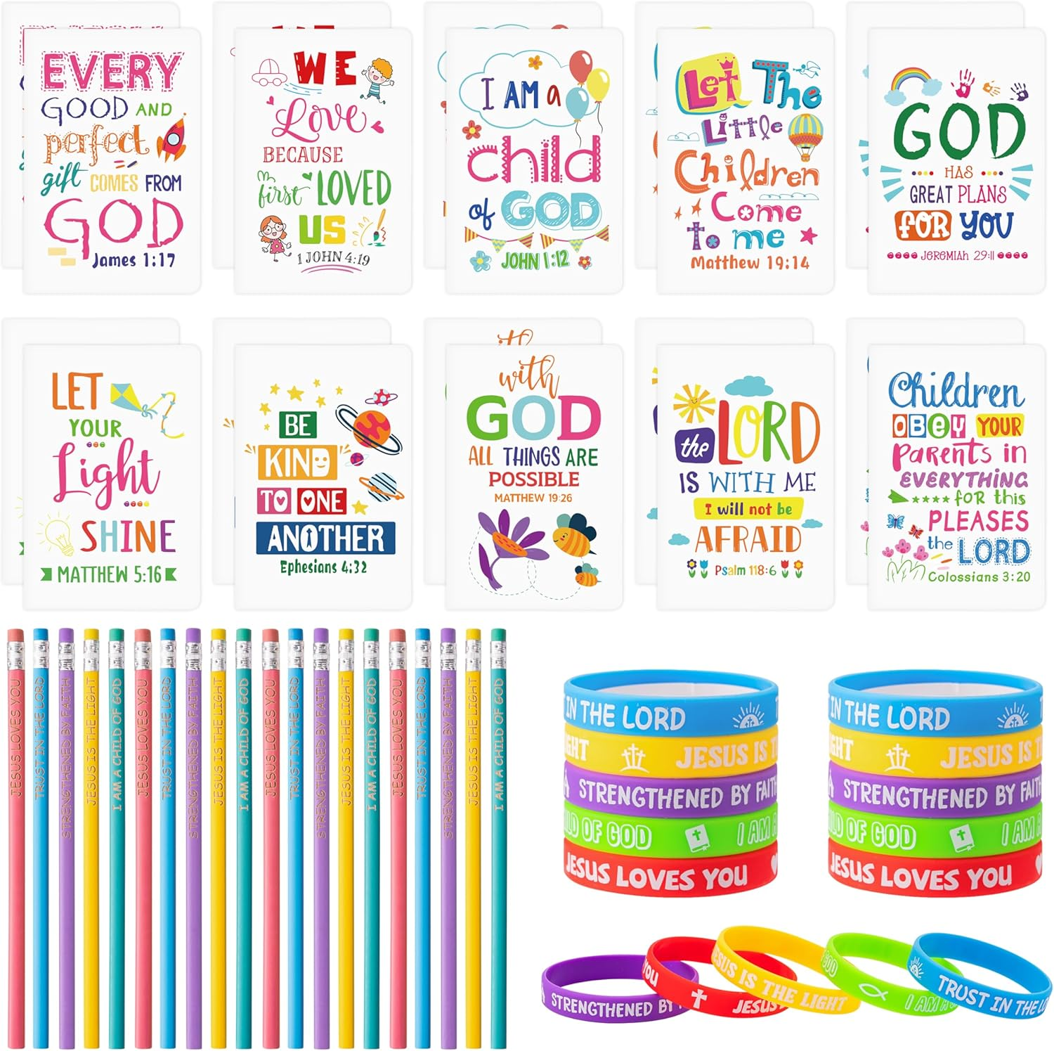 60Pcs Christian Bible Gifts for Kids Bulk Bible Verse Notepads with Pencil Silicone Bracelet Religious Mini Notebook Wristband Pencil Kit Daily Prayer Faith Journal Set for School Office Home Supplies