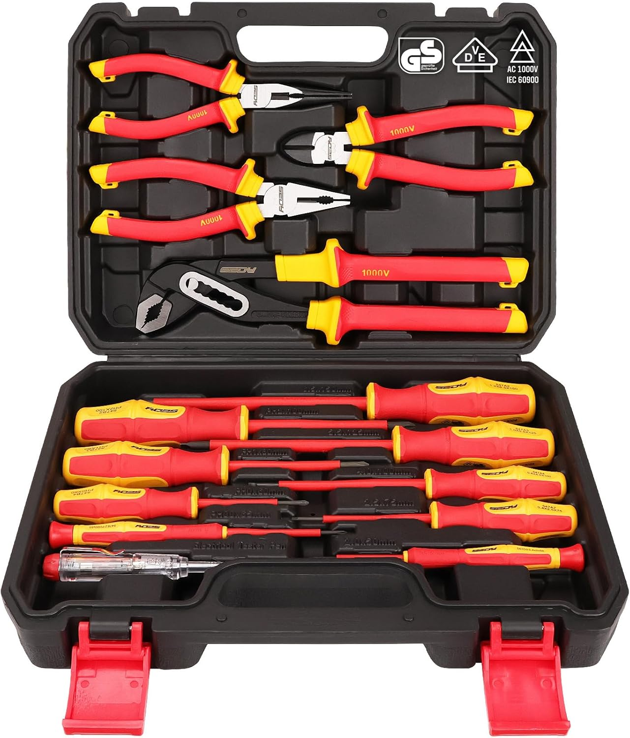Insulated Screwdriver & Pliers Set: 14-Piece VDE Insulated Set 1000V Insulated Electrician Tool Set with Magnetic Phillips, Slotted Screwdrivers and Insulated Pliers