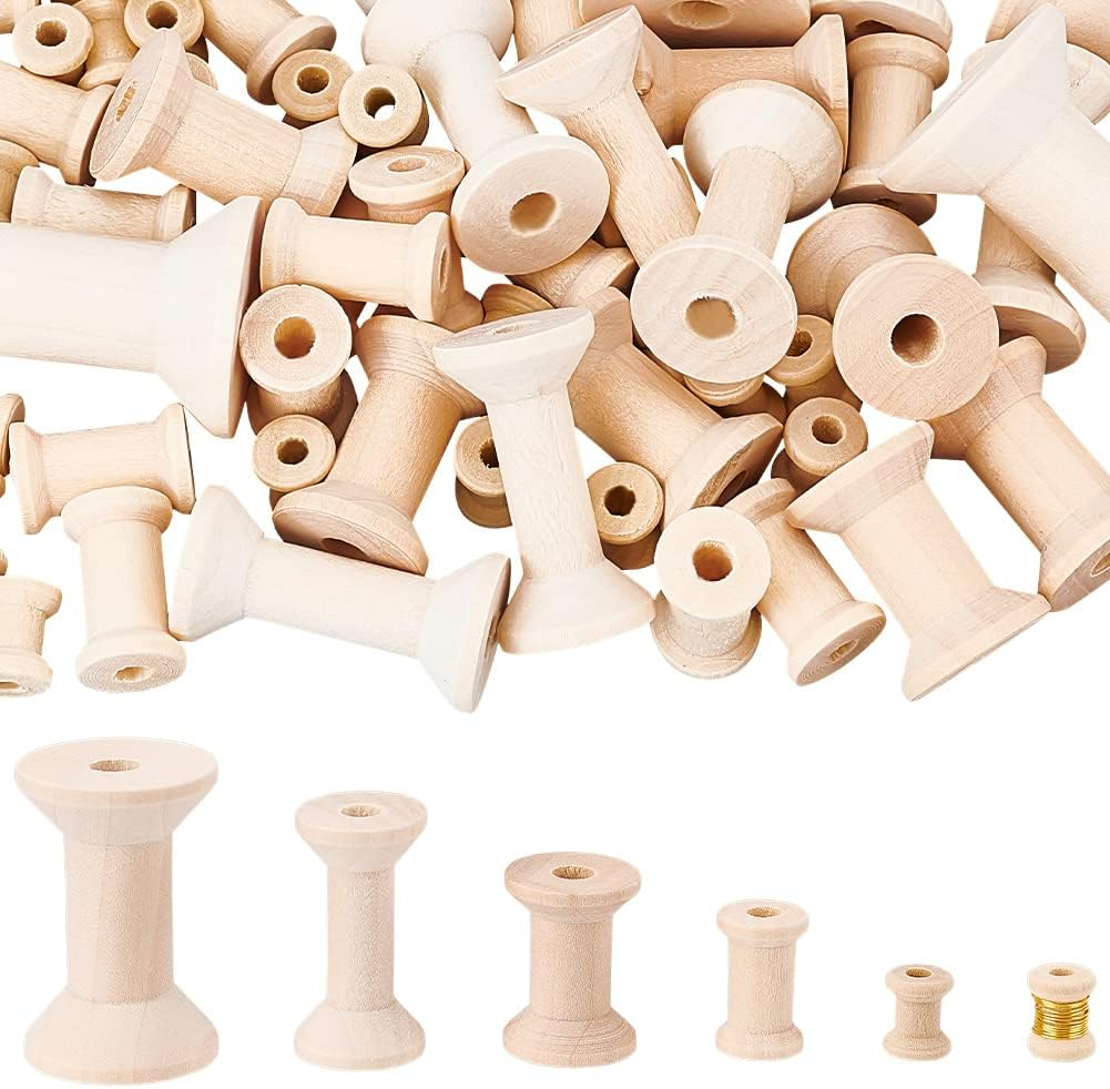 BENECREAT 74Pcs 5 Size Wooden Empty Spools, Wood Sewing Embroidery Thread Spool Wooden Ribbon Spools Bobbins for Wire Weaving Arts DIY Wood Projects