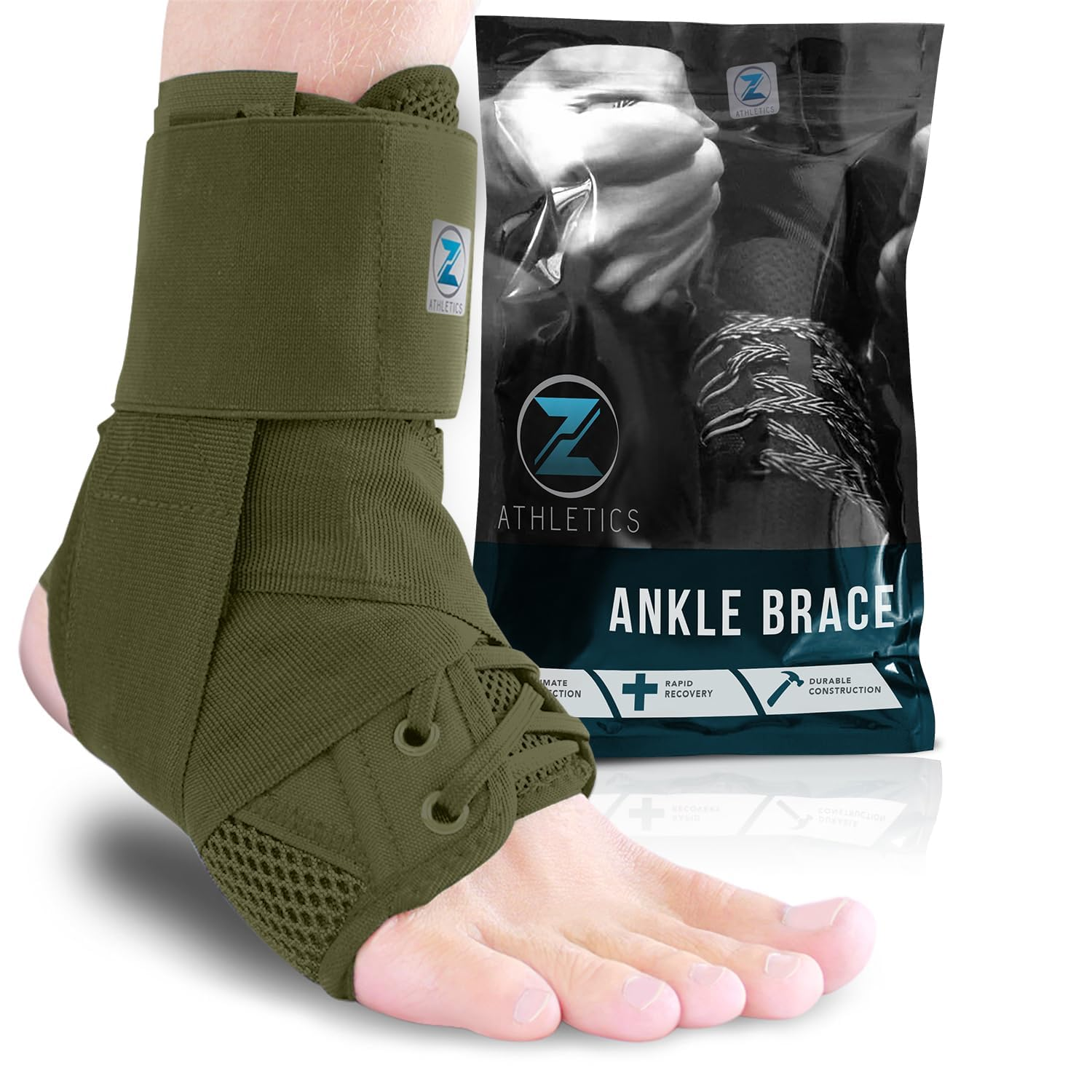Z ATHLETICS Zenith Ankle Brace, Lace up Adjustable Support – for Running, Basketball, Injury Recovery, Sprain! Ankle Support for Men, Women, and Children (Olive Green, Medium)