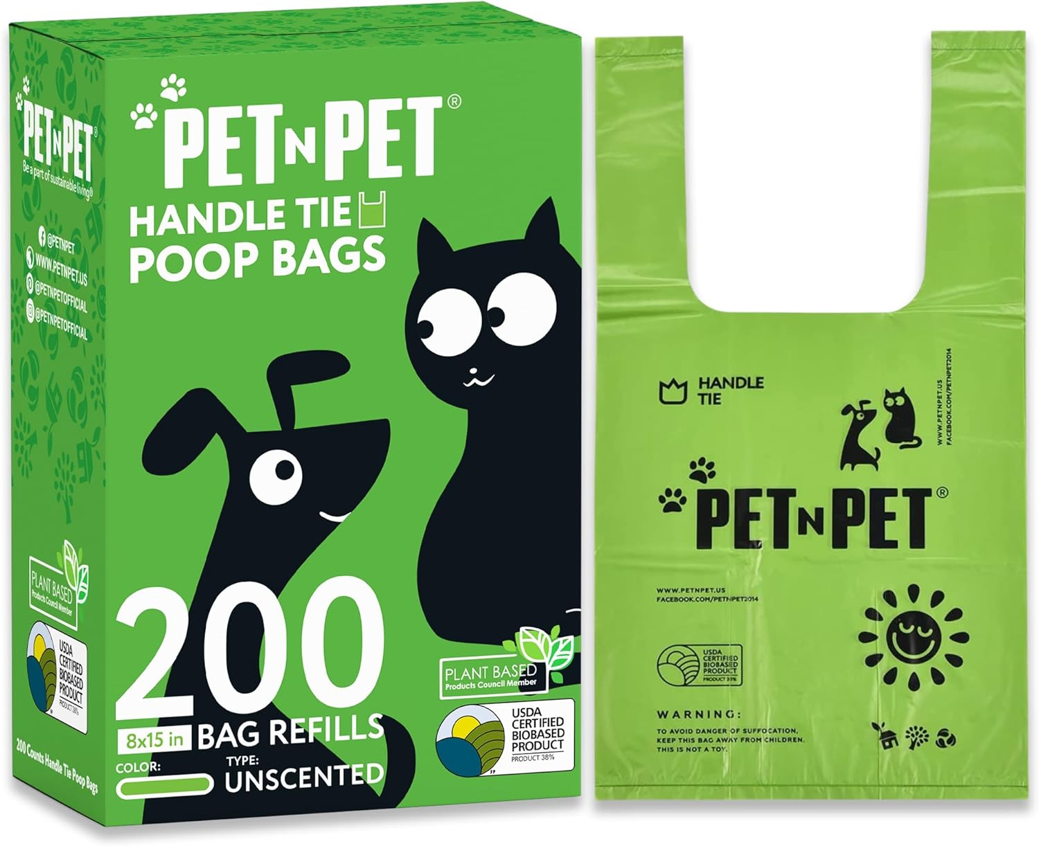 PET N PET 200 Counts Unscented Dog Poop Bags with Tie Handles, 38% Plant Based & 62% PE Poop Bags for Dogs, Extra-Thick Doggie Poop Bags, Dog Waste Bags, Cat Litter Bags, Cat Poop Bags