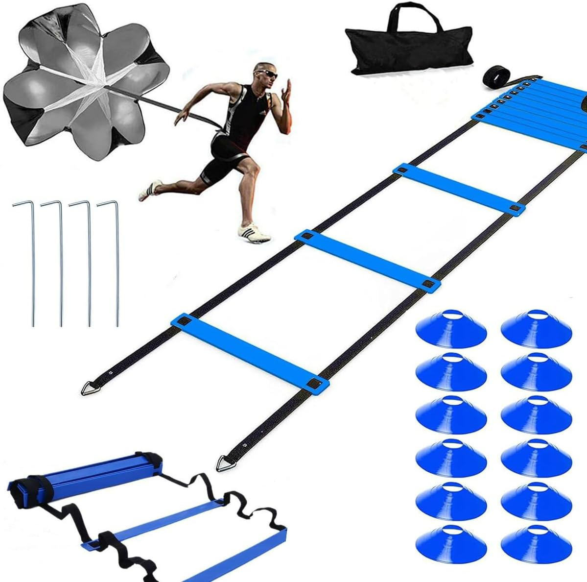 20Ft Sports Agility Ladder, Agility Training Equipment for Football, Exercise, Tennis, Legs Workout with Speed Parachute, Cones and Carry Bag