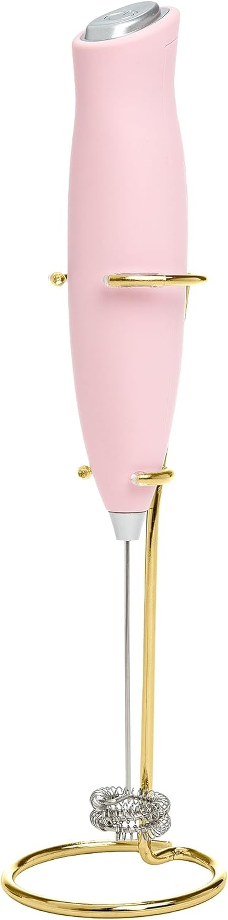 Electric Handheld Milk Frother with Double Coil Head Whisk and Gold Metal Stand, Battery Powered (2 AA Batteries Required but Not Included), Pink